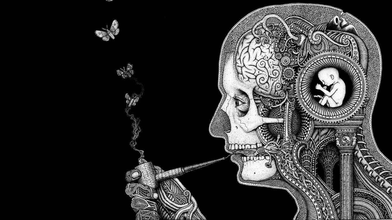 skull, pipe, mechanical gears, HD Desktop Wallpaper