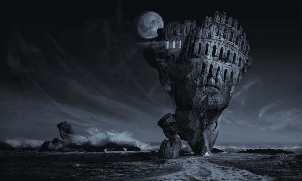 stone head, castle-like architecture, stormy seas, HD Desktop Wallpaper