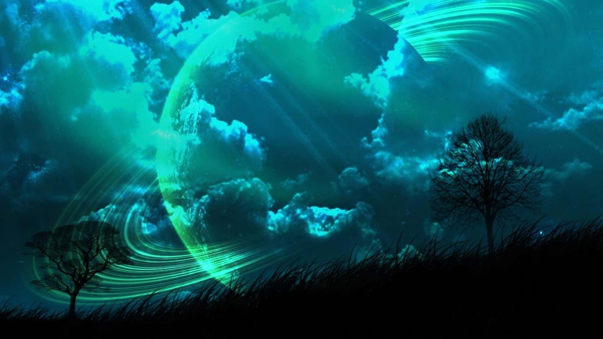 Dark Teal, teal planet, swirling rings, Full HD Desktop Wallpaper
