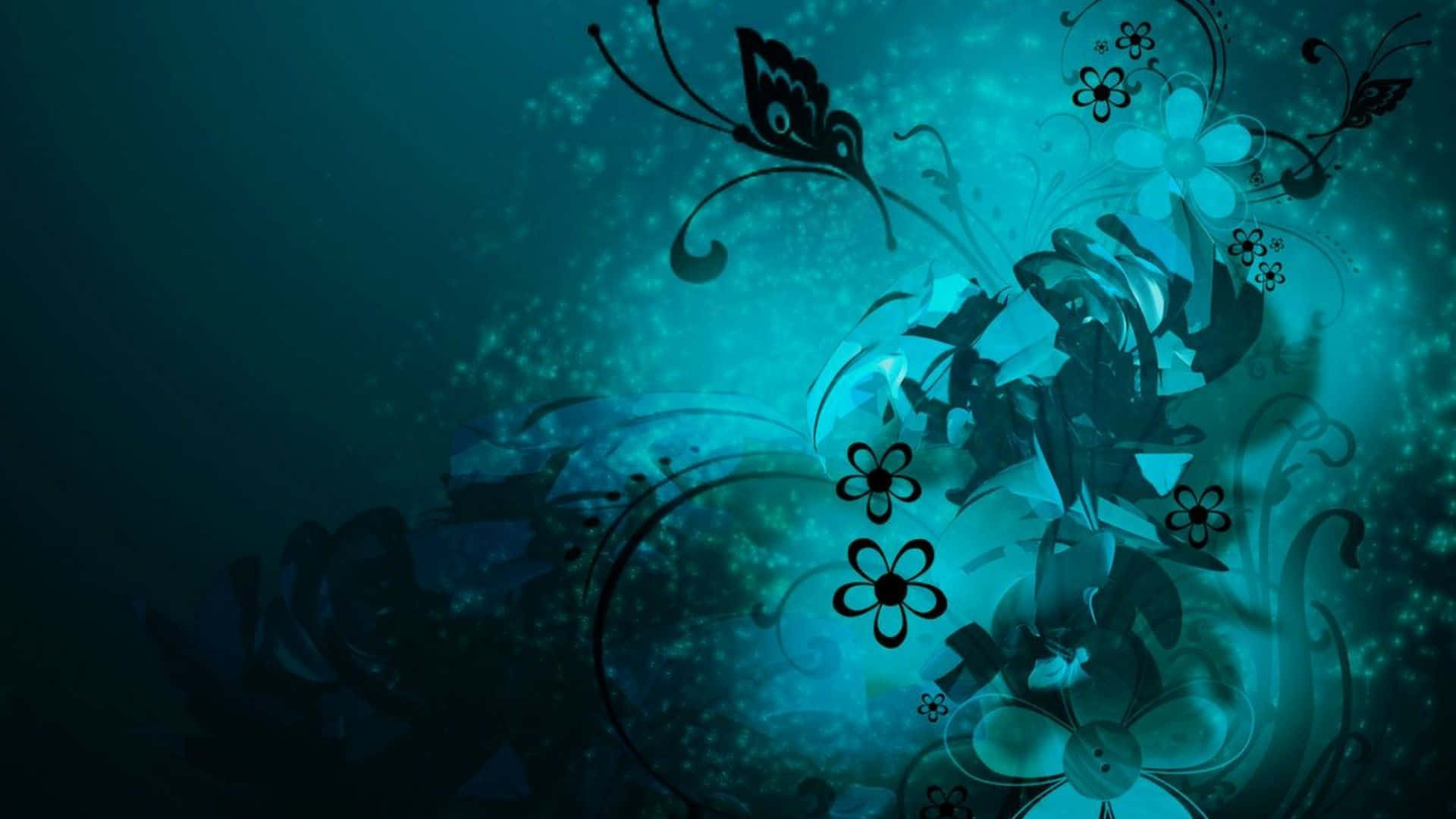 teal, black silhouettes, floral swirls, Full HD Desktop Wallpaper