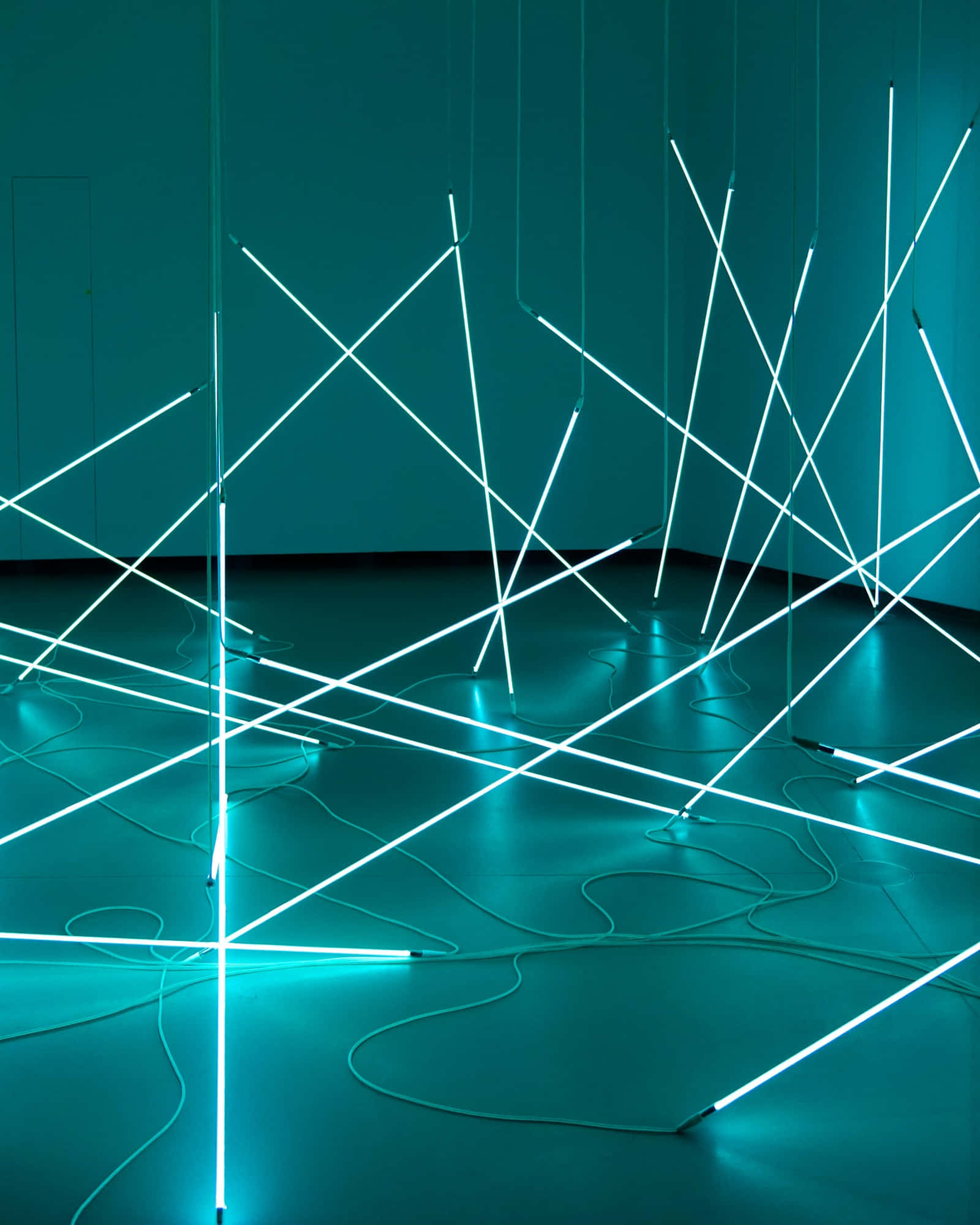 Dark Teal, teal-lit gallery floor, white neon tubes, Full HD Phone Wallpaper