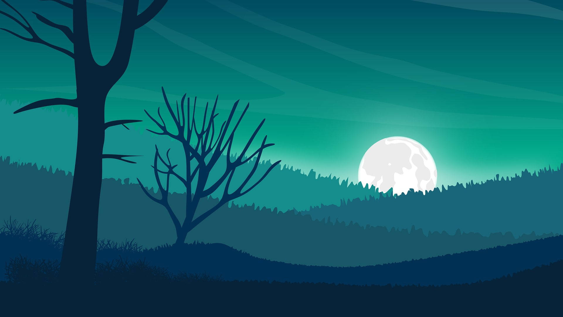 teal night sky, glowing full moon, misty forest, Full HD Desktop Wallpaper