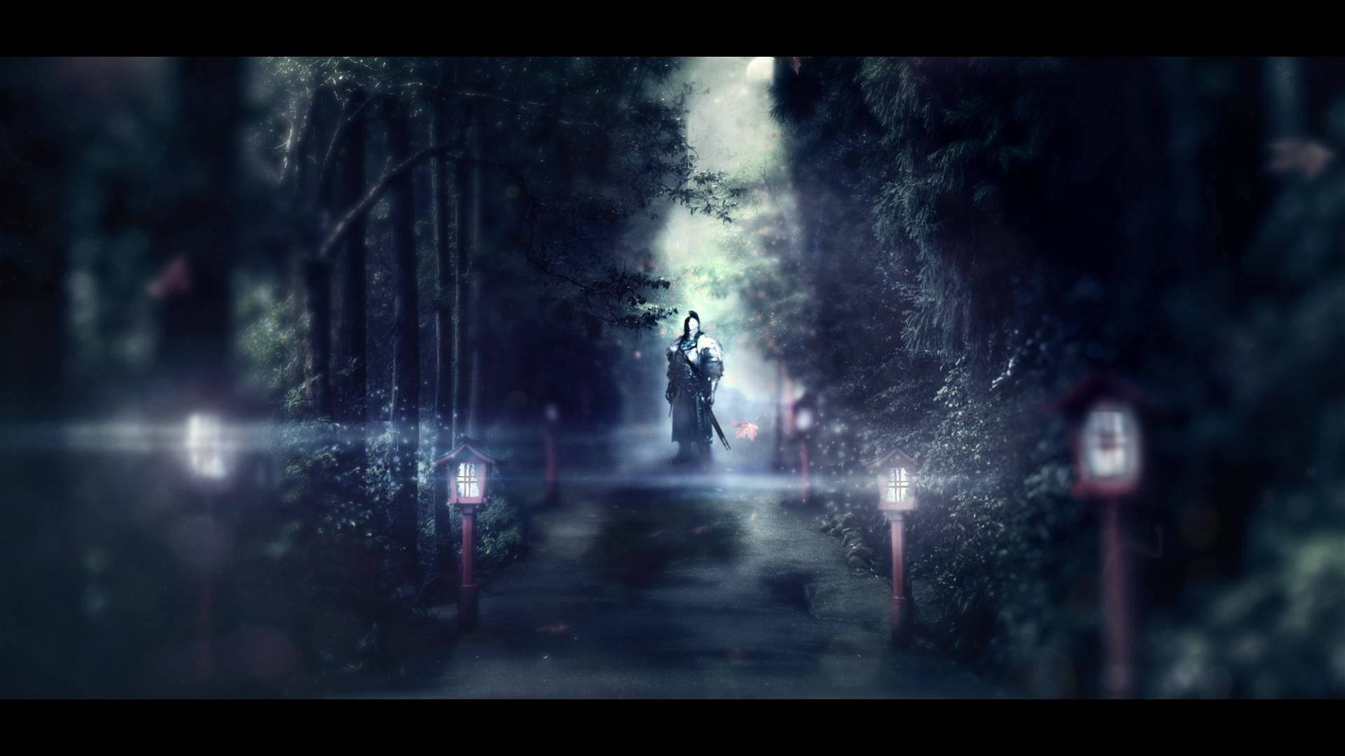 samurai, misty forest path, glowing lanterns, Full HD Desktop Wallpaper