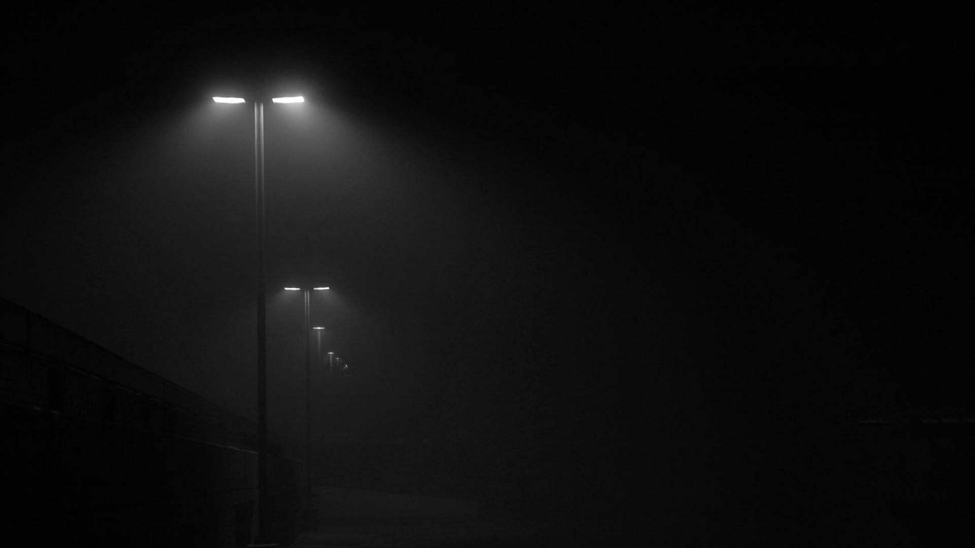 streetlights, fog, urban sidewalk, Full HD Desktop Wallpaper