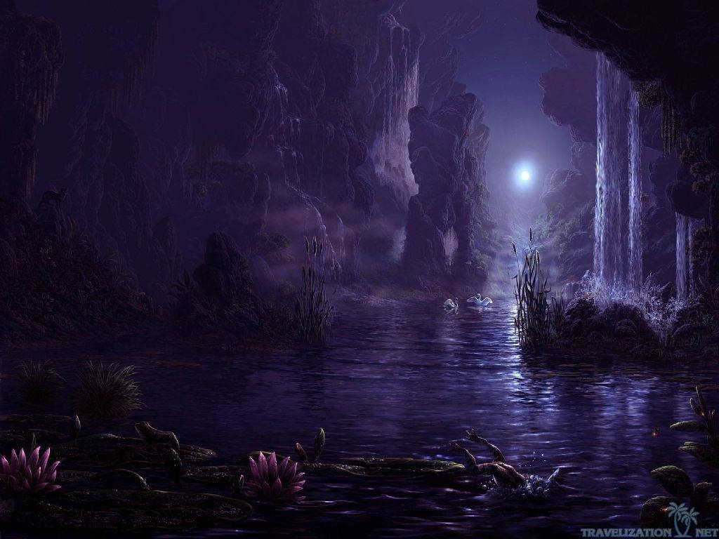 magical lake, moonlit cavern, glowing purple water lilies, SD Desktop Wallpaper