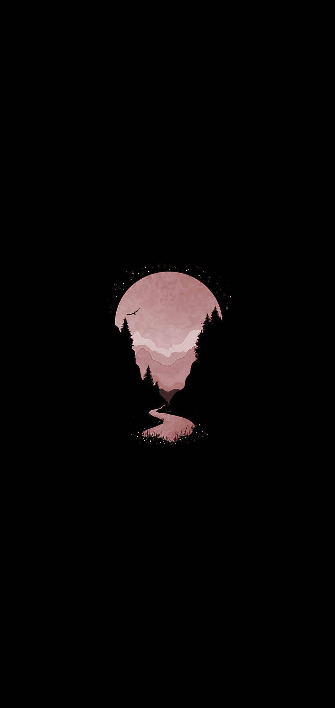 Dark Theme, pink moon, silhouetted trees, Full HD Phone Wallpaper