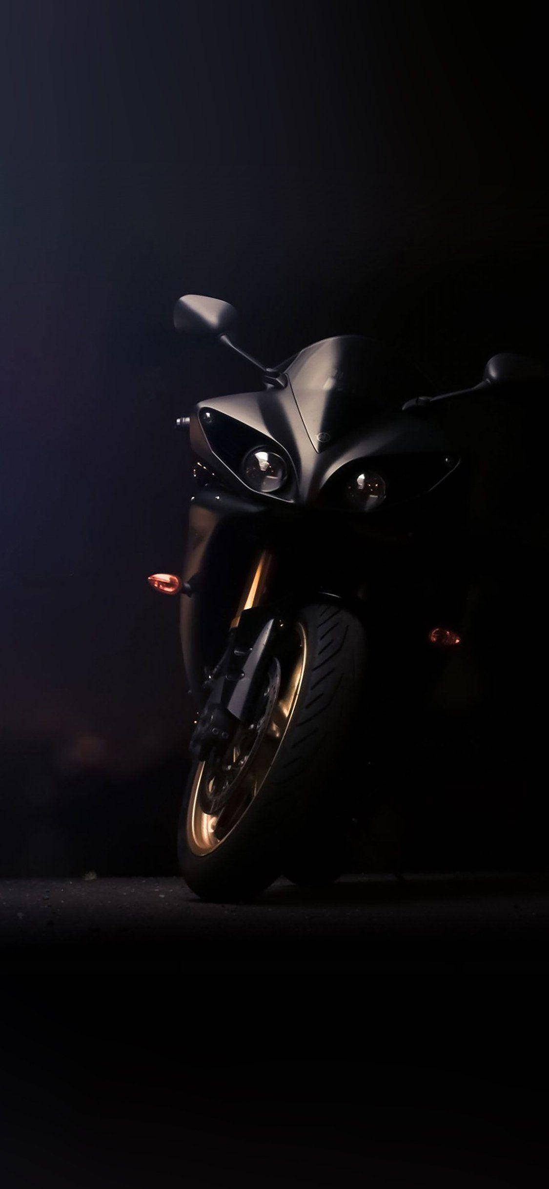 black motorcycle, gold rims, glowing headlights, Full HD Phone Wallpaper