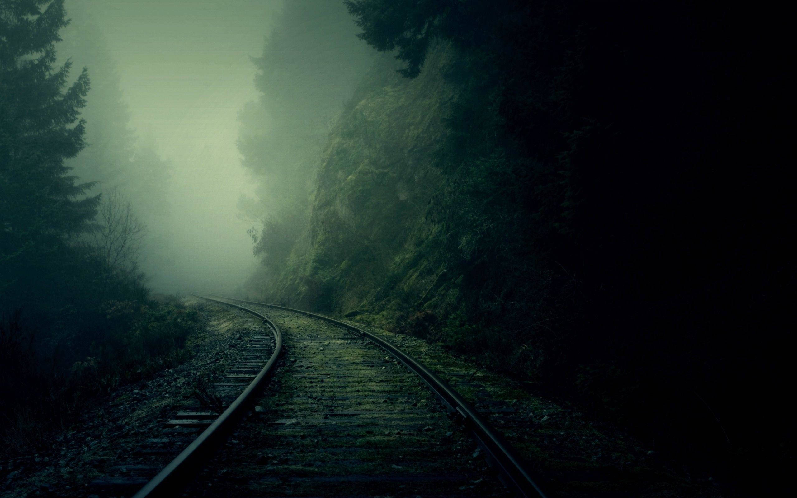 Dark Theme, foggy forest, railway track, 2K Desktop Wallpaper