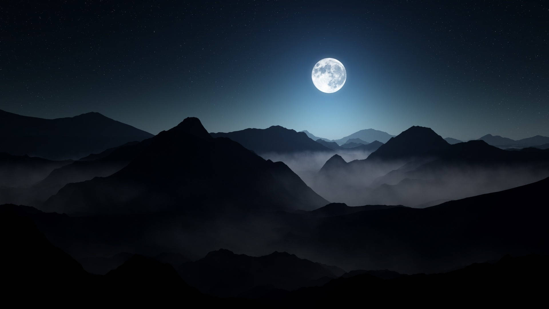 Dark Theme, foggy mountains, full moon, Full HD Desktop Wallpaper