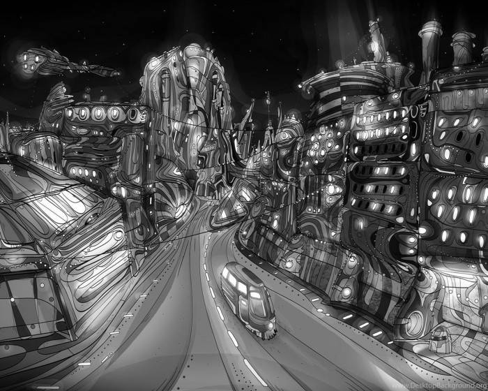 Dark Trippy, futuristic cityscape, organic architecture, SD Desktop Wallpaper