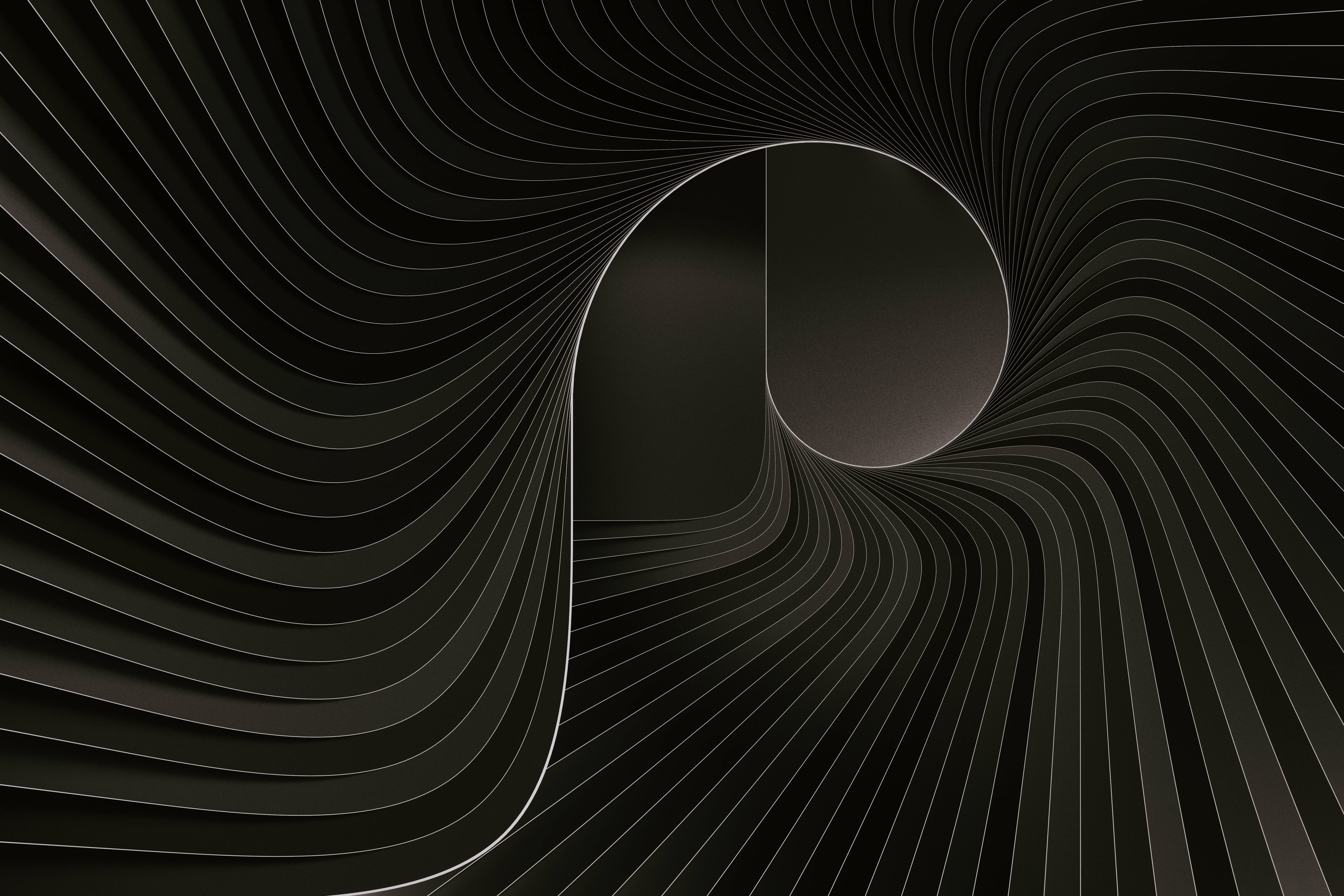 black and white, abstract tunnel, flowing curved lines, 5K Desktop Wallpaper