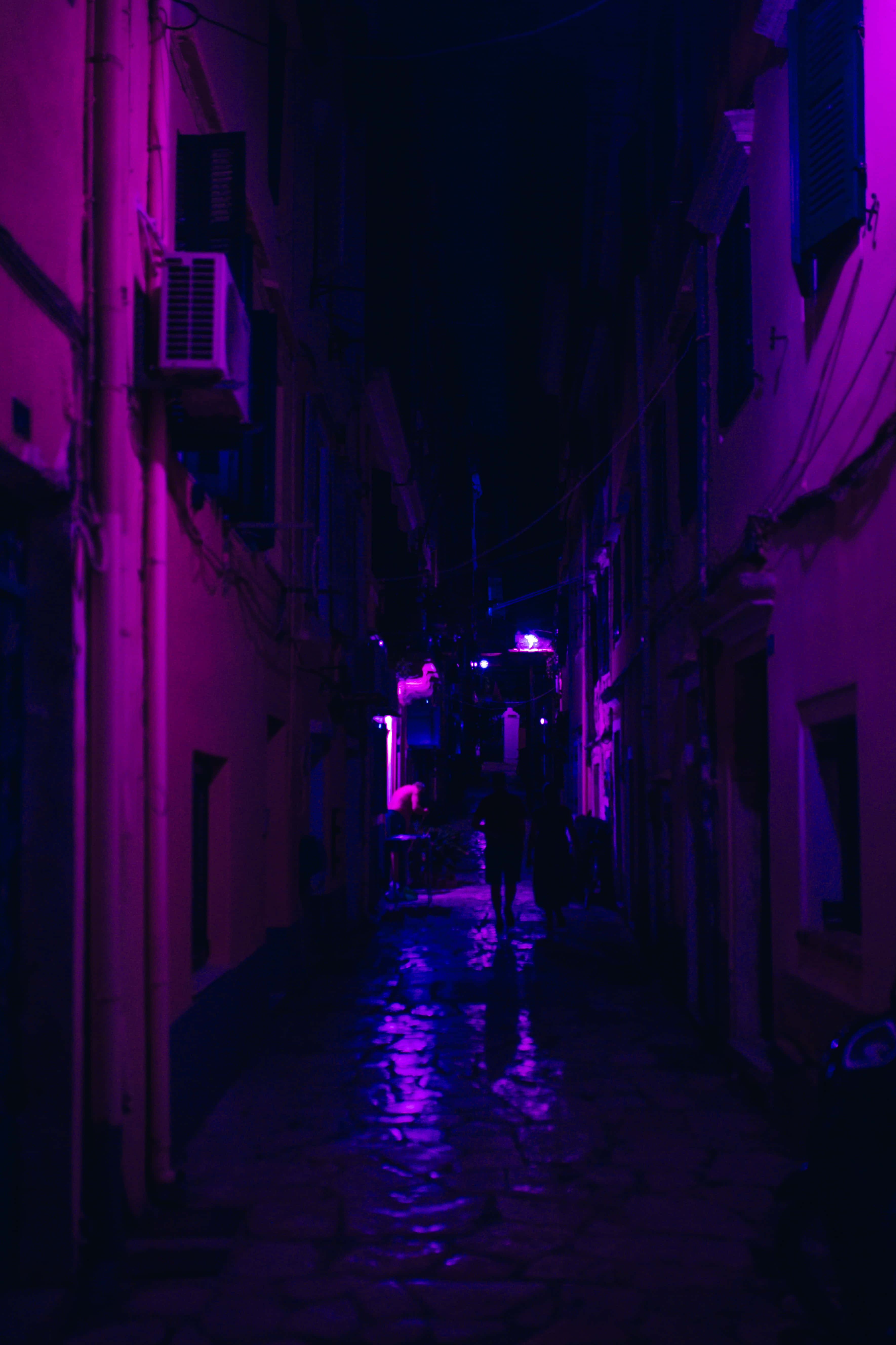 dark alleyway, night, vivid purple neon light, 5K Phone Wallpaper