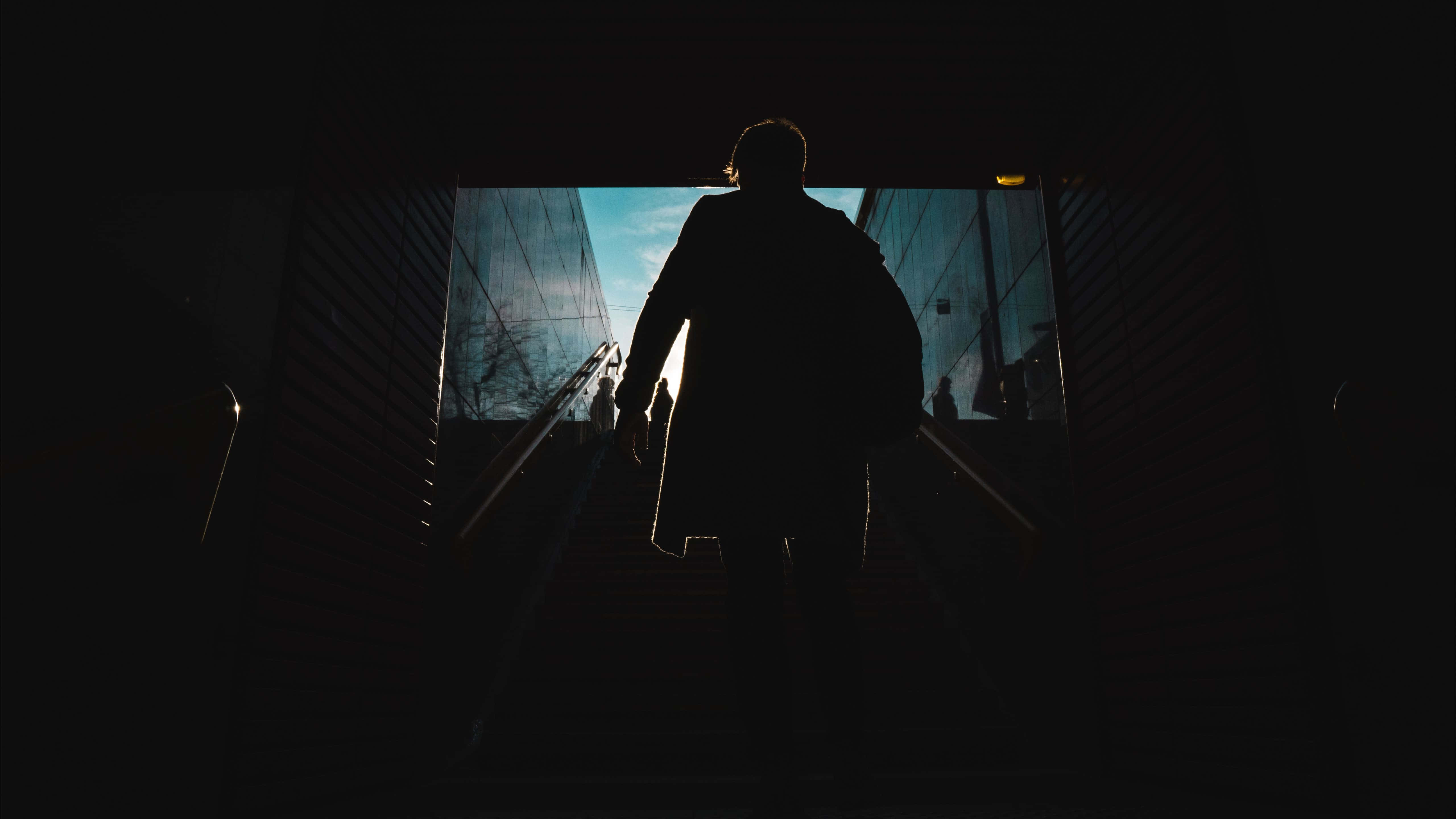 Dark Underground, dark stairs, bright blue sky, 5K Desktop Wallpaper