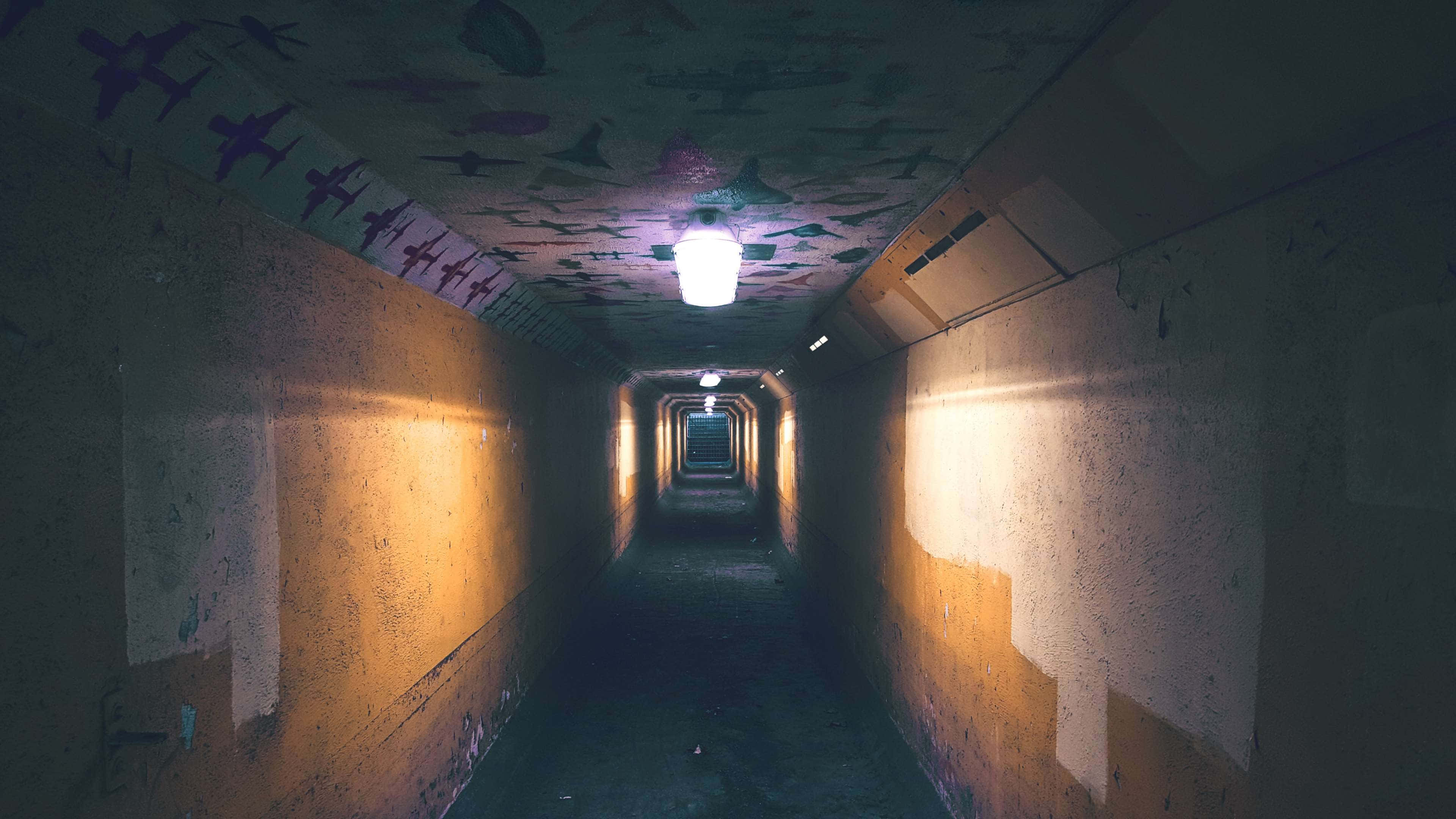 Dark Underground, concrete tunnel, graffiti-covered ceiling, 4K Desktop Wallpaper