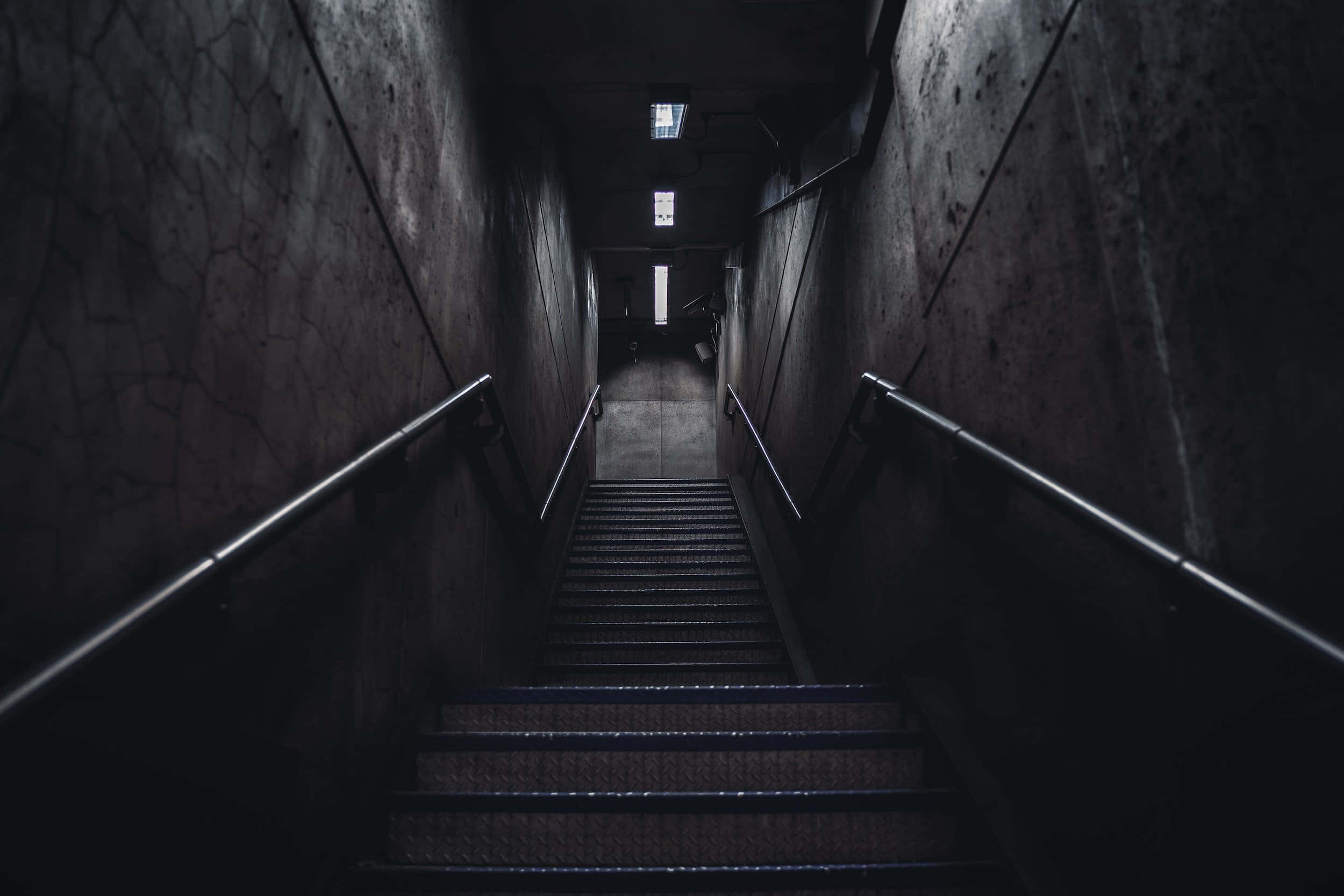 Dark Underground, concrete staircase, shadowy darkness, Full HD Desktop Wallpaper