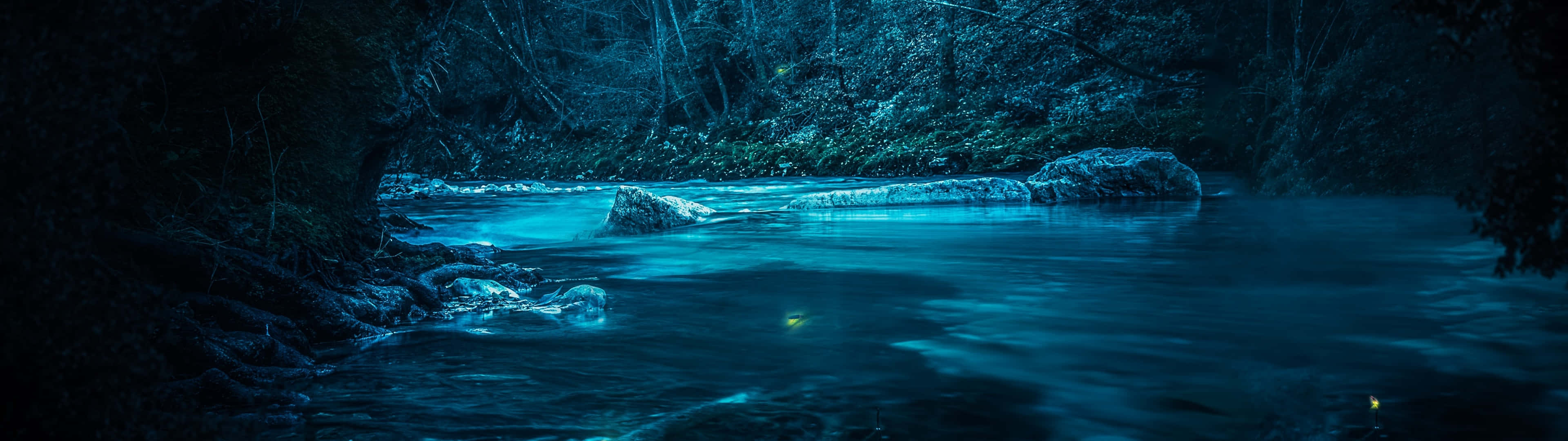 Dark Underground, glowing blue river, dark forest, 4K Desktop Wallpaper