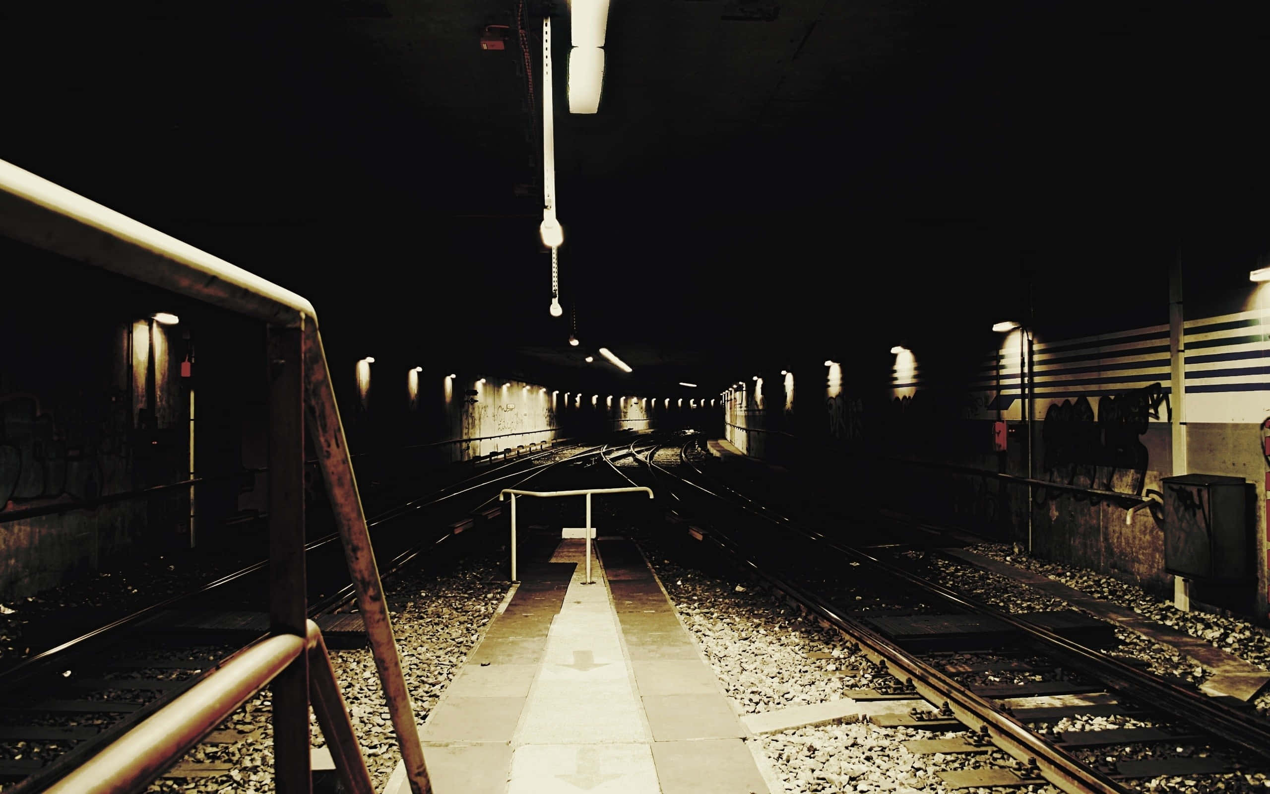 Dark Underground, subway station, empty tracks, 2K Desktop Wallpaper