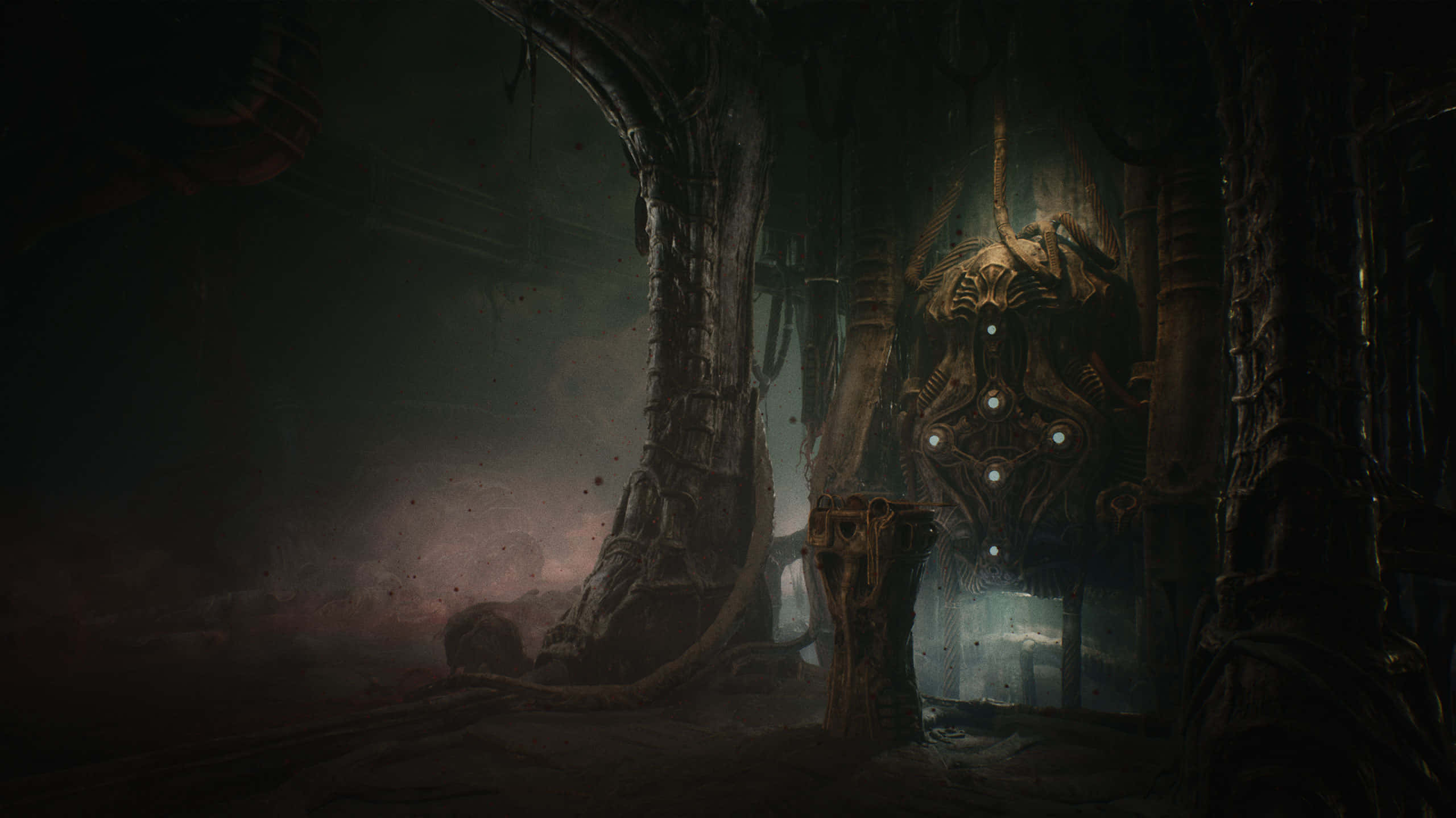 Dark Underground, biomechanical throne, glowing eyes, 2K Desktop Wallpaper