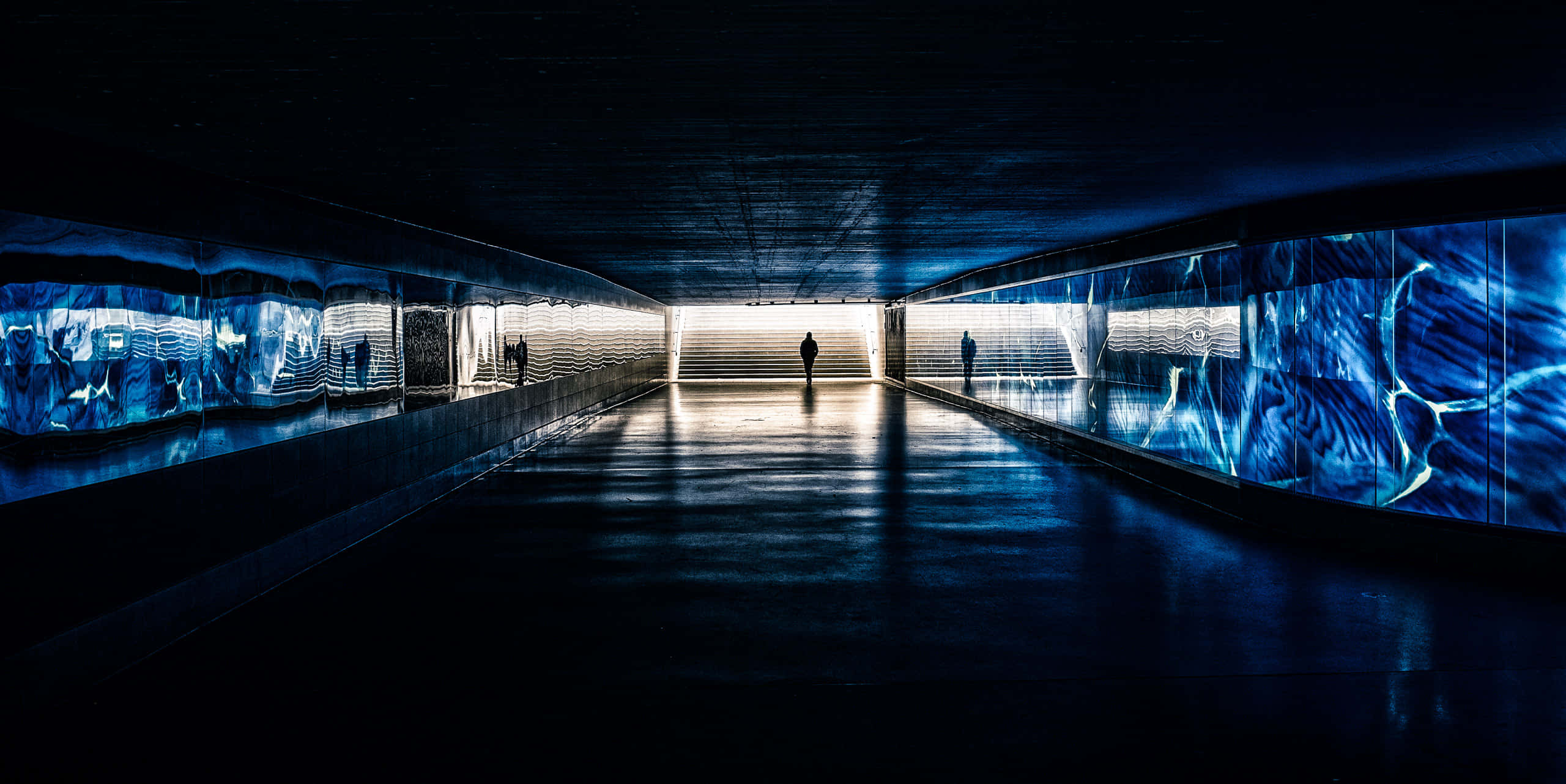 Dark Underground, dark blue-lit, futuristic tunnel, 2K Desktop Wallpaper