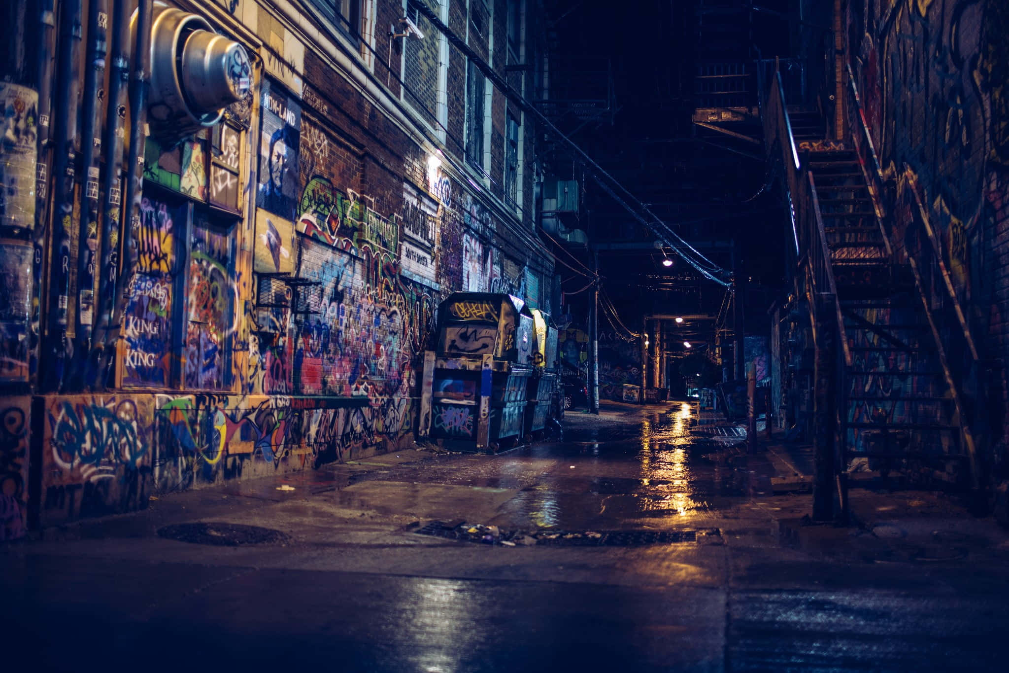 Dark Alleyway, Night, Rain-slicked urban alley, Full HD Desktop Wallpaper