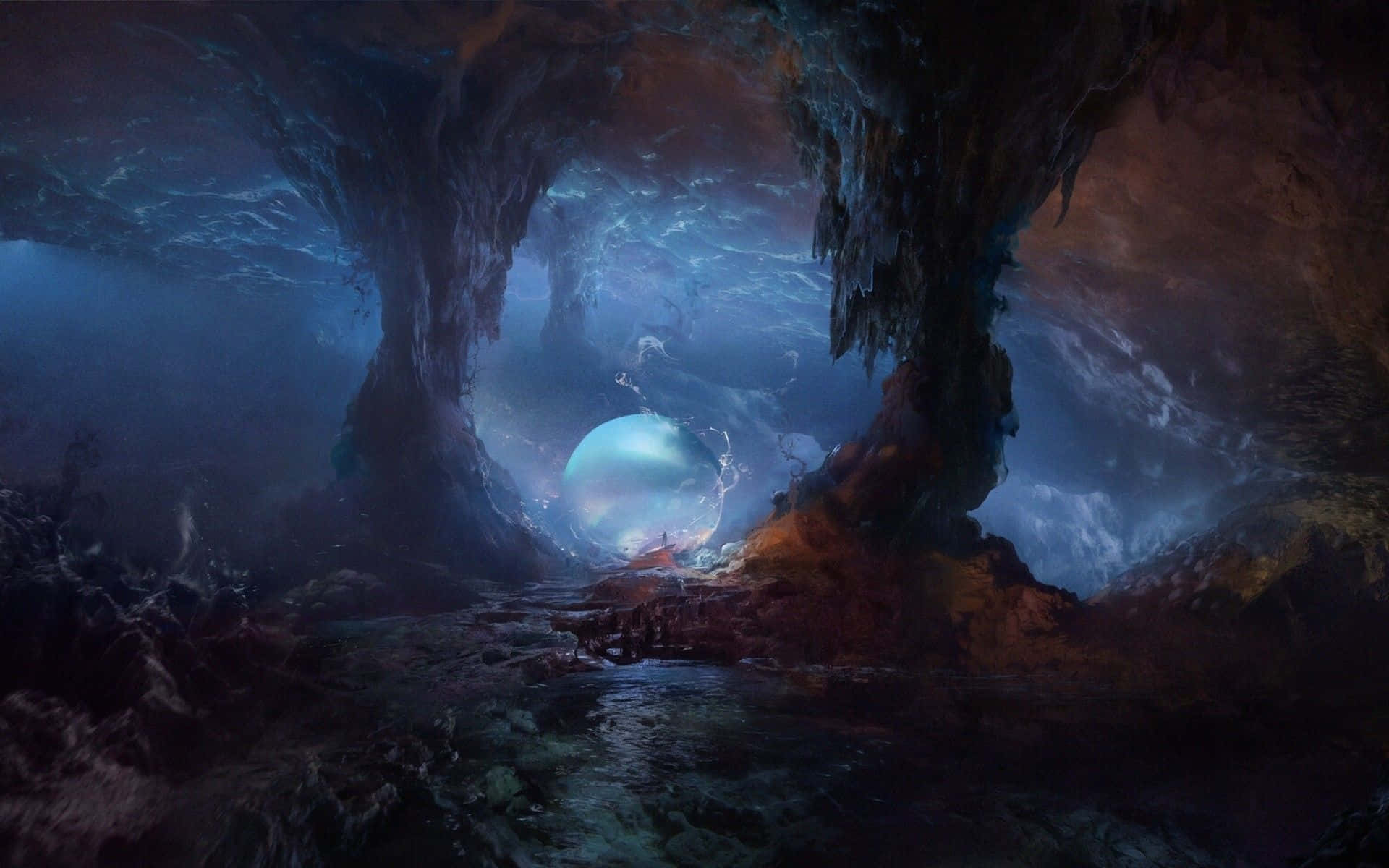Dark Underground, glowing orb, dark cavern, Full HD Desktop Wallpaper