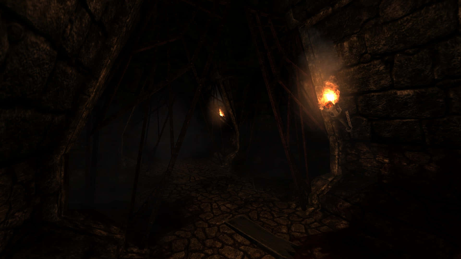 Dark Underground, narrow stone tunnel, flickering torches, Full HD Desktop Wallpaper