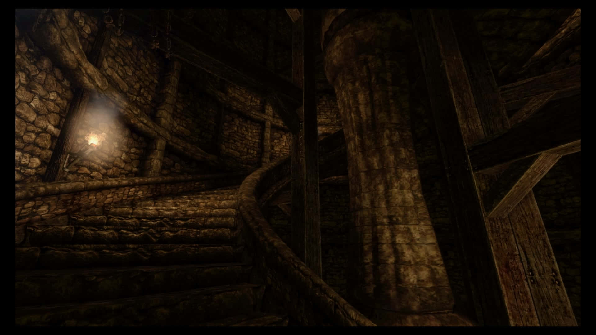 Dark Underground, spiral stone staircase, medieval dungeon, Full HD Desktop Wallpaper