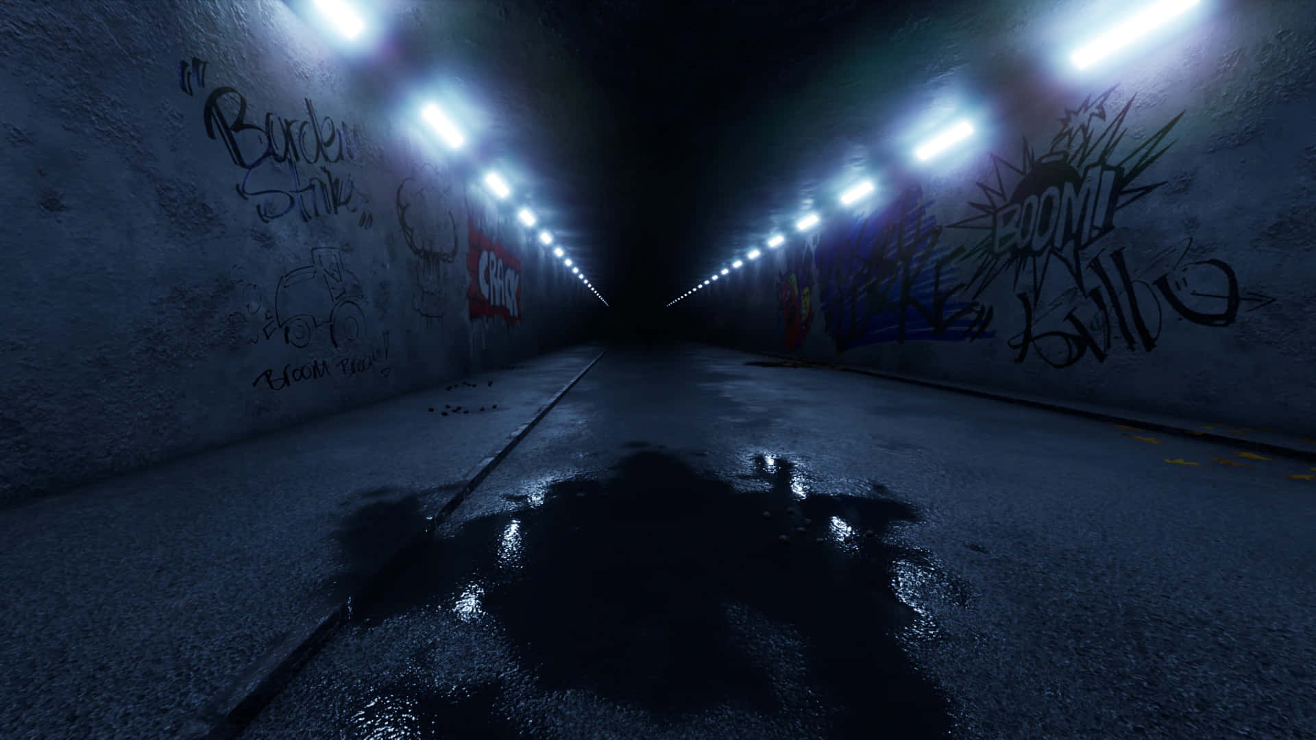 Dark Underground, tunnel, wet concrete floor, Full HD Desktop Wallpaper