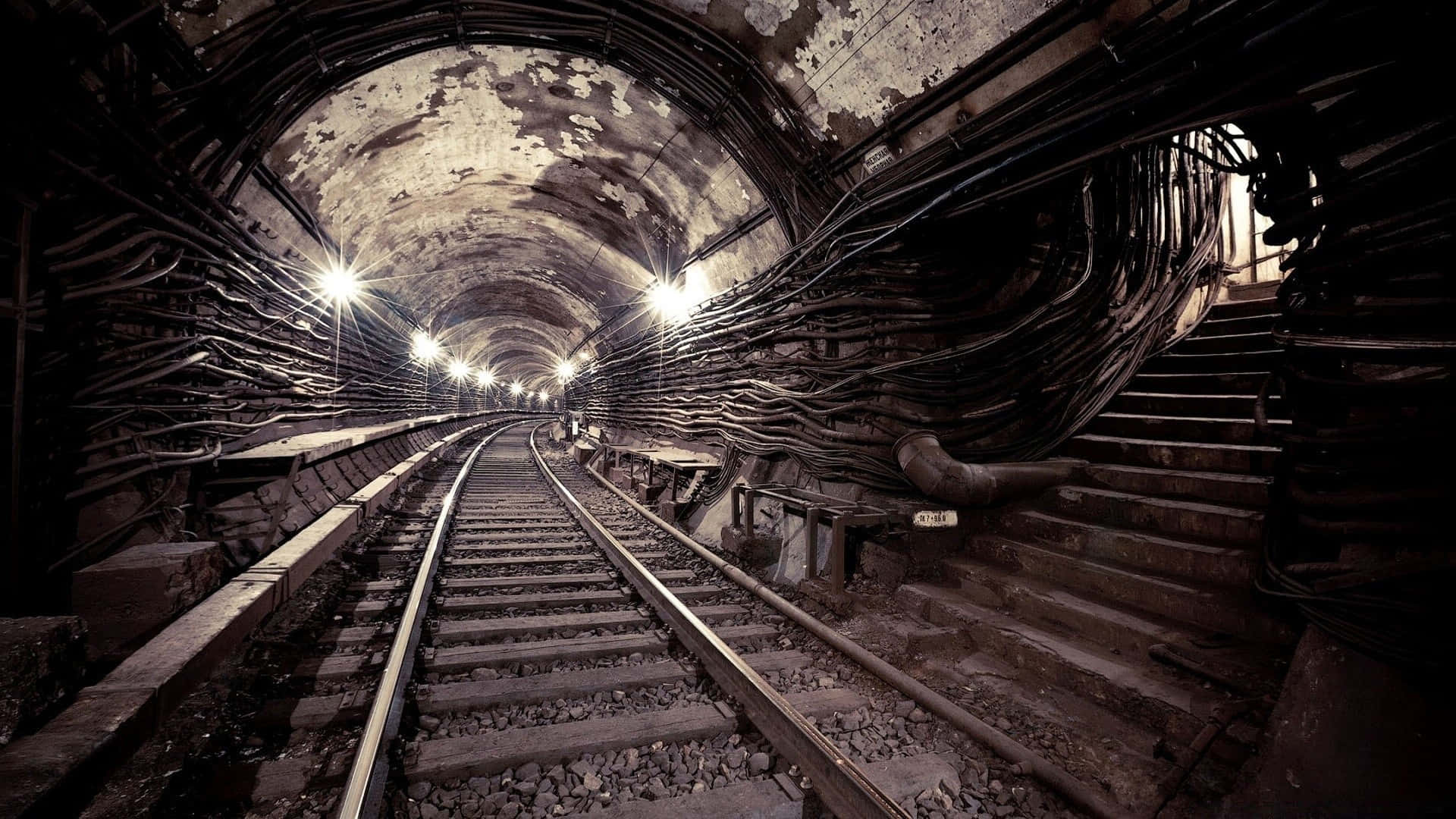Dark Underground, abandoned subway tunnel, rusted tracks, Full HD Desktop Wallpaper