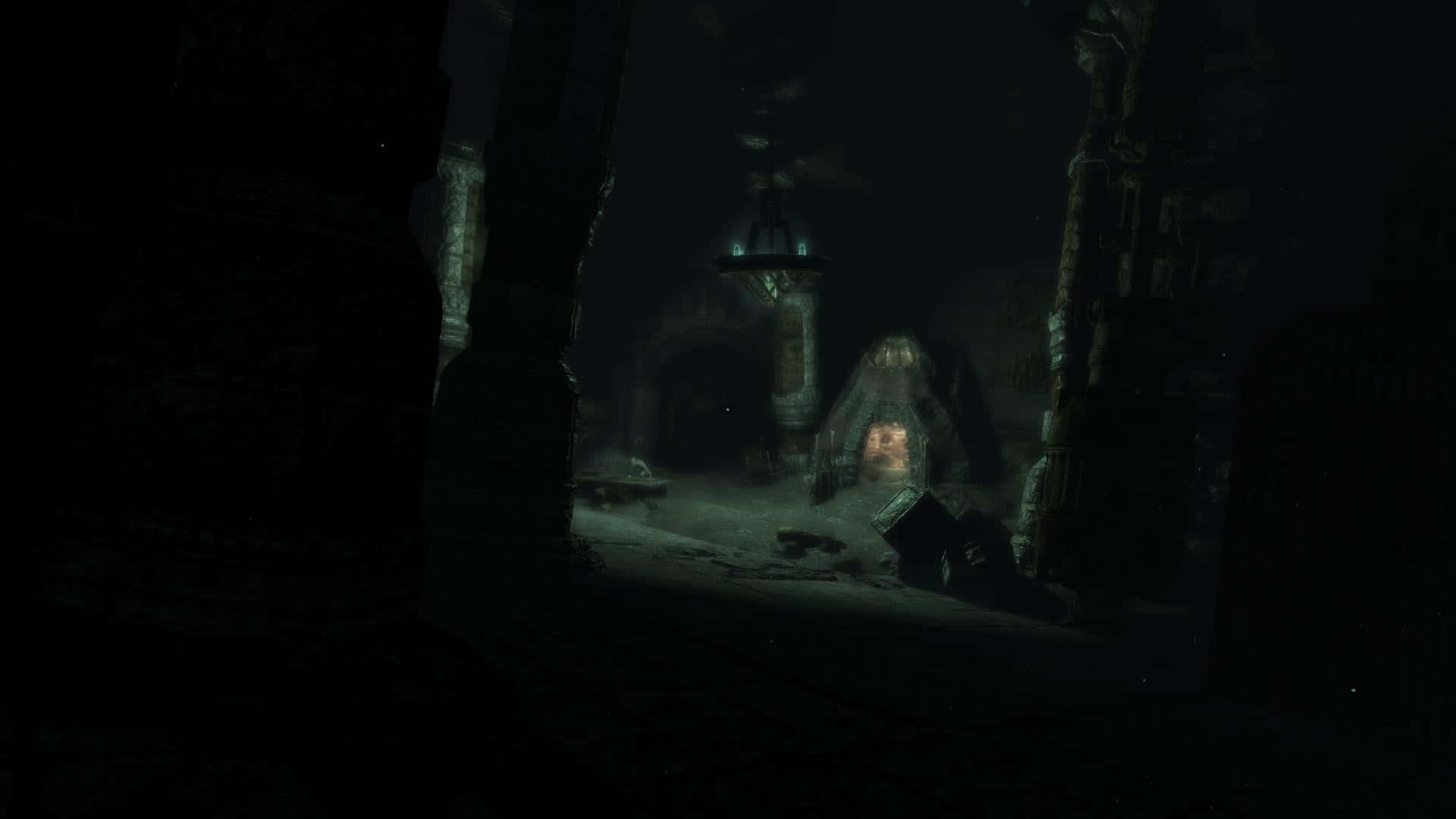 Dark Underground, ancient ruin, stone pillars, Full HD Desktop Wallpaper