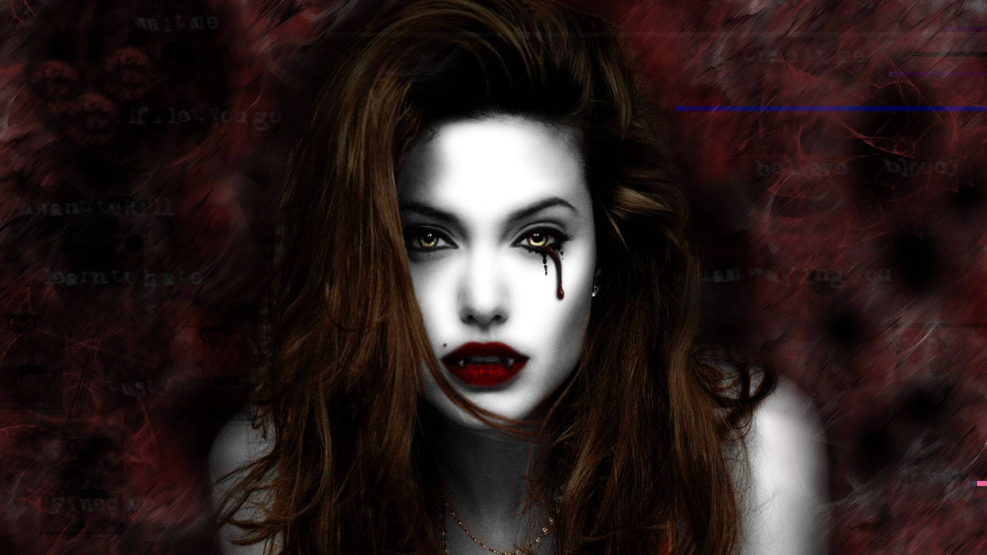 Dark Brunette Vampire Girl, blood dripping from her eye, dark red smoky background, Full HD Desktop Wallpaper