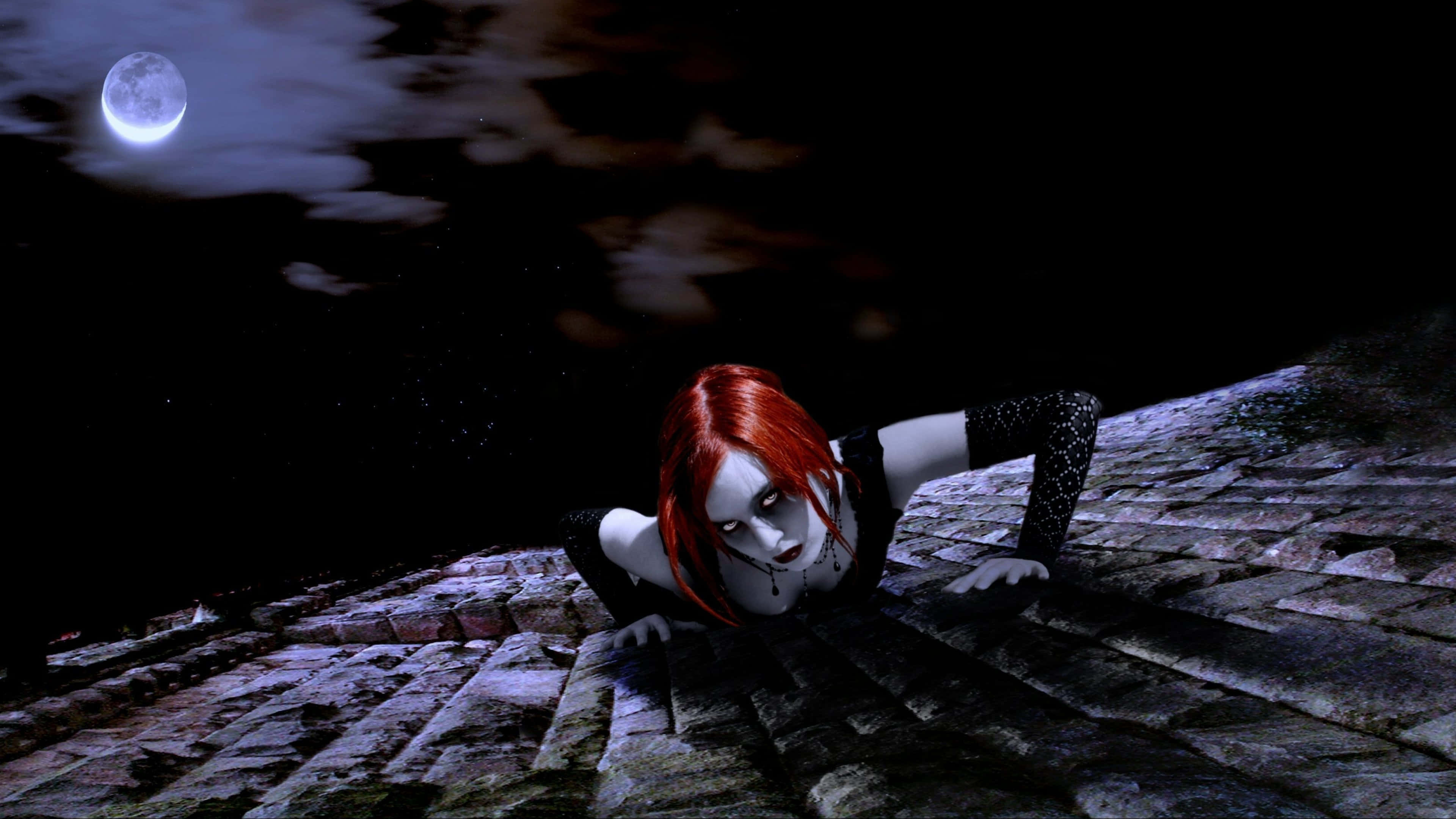 Dark Vampire, red hair, stone roof, 4K Desktop Wallpaper
