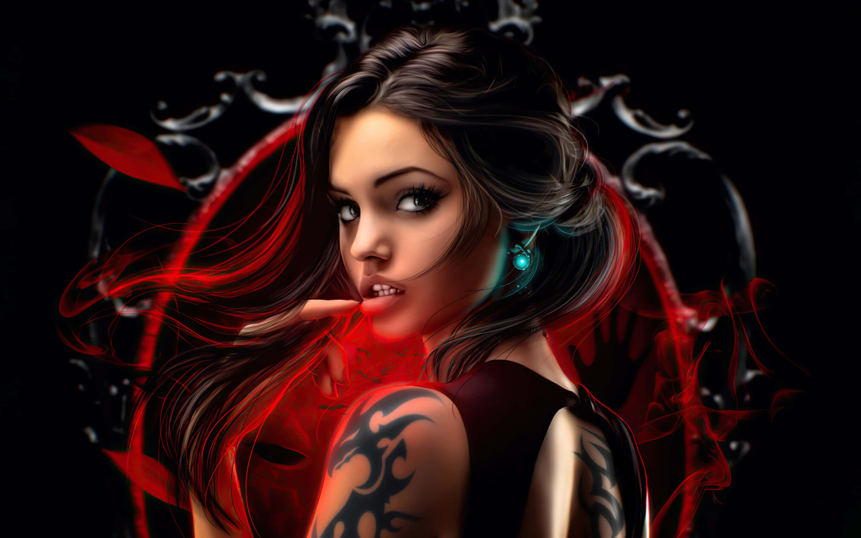 Dark Vampire, anime-style woman, tattoos, 2K Desktop Wallpaper