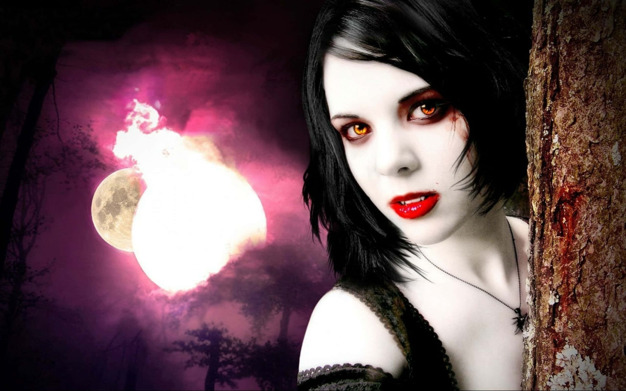dark vampire, pale gothic woman, red lips, 2K Desktop Wallpaper