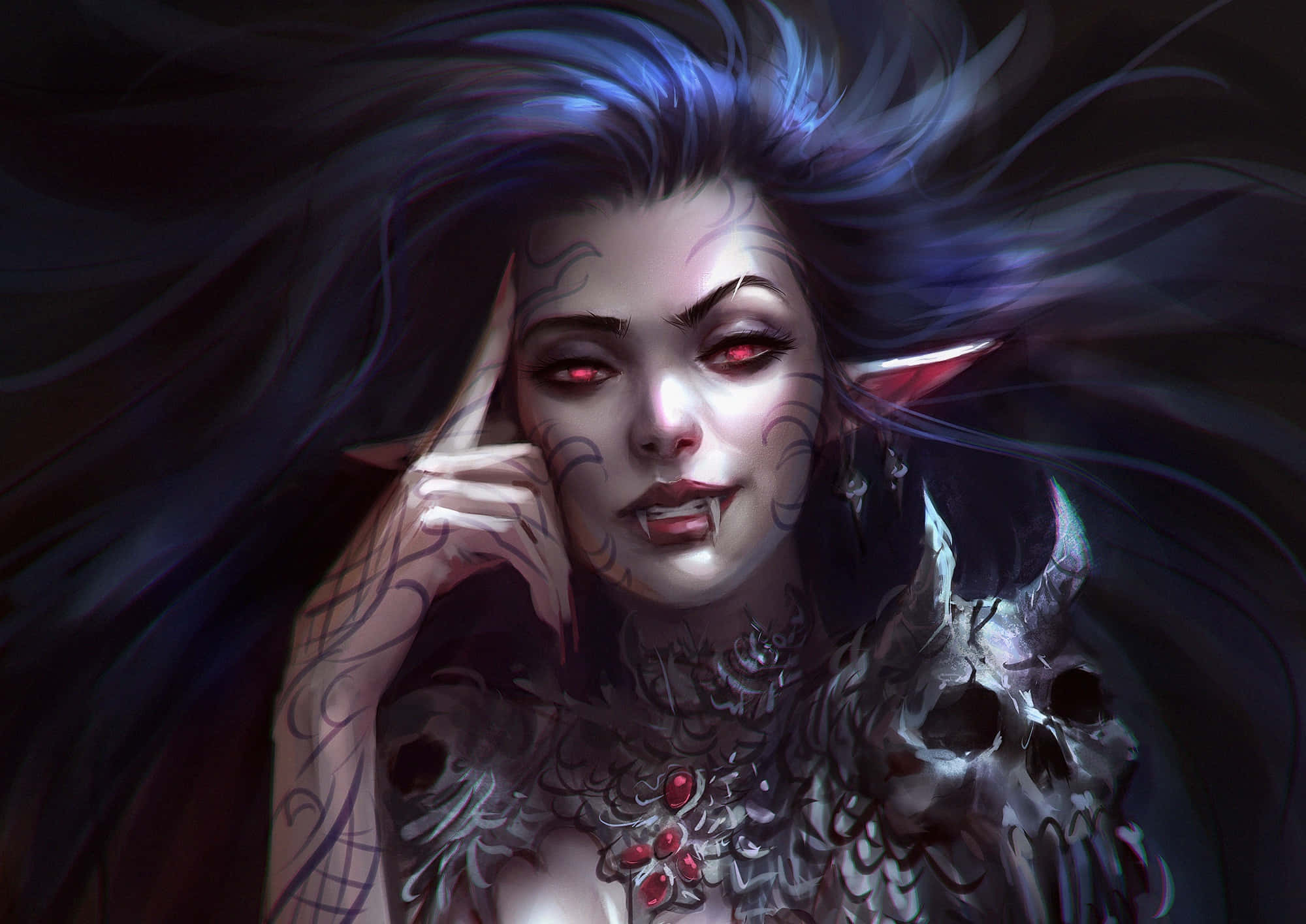 Dark Vampire, glowing red eyes, blue-black hair, Full HD Desktop Wallpaper