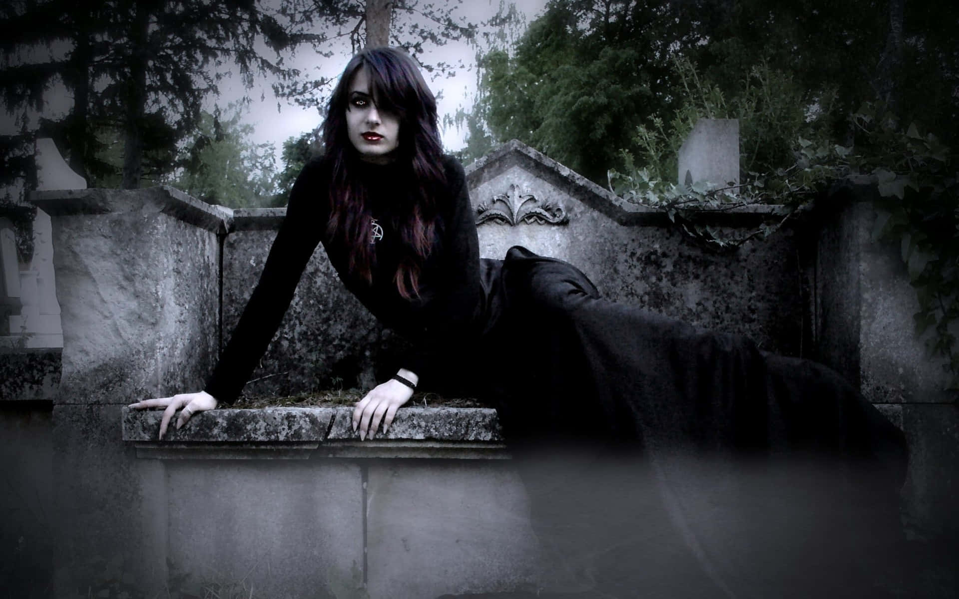 Dark Vampire, black dress, tombstone, Full HD Desktop Wallpaper