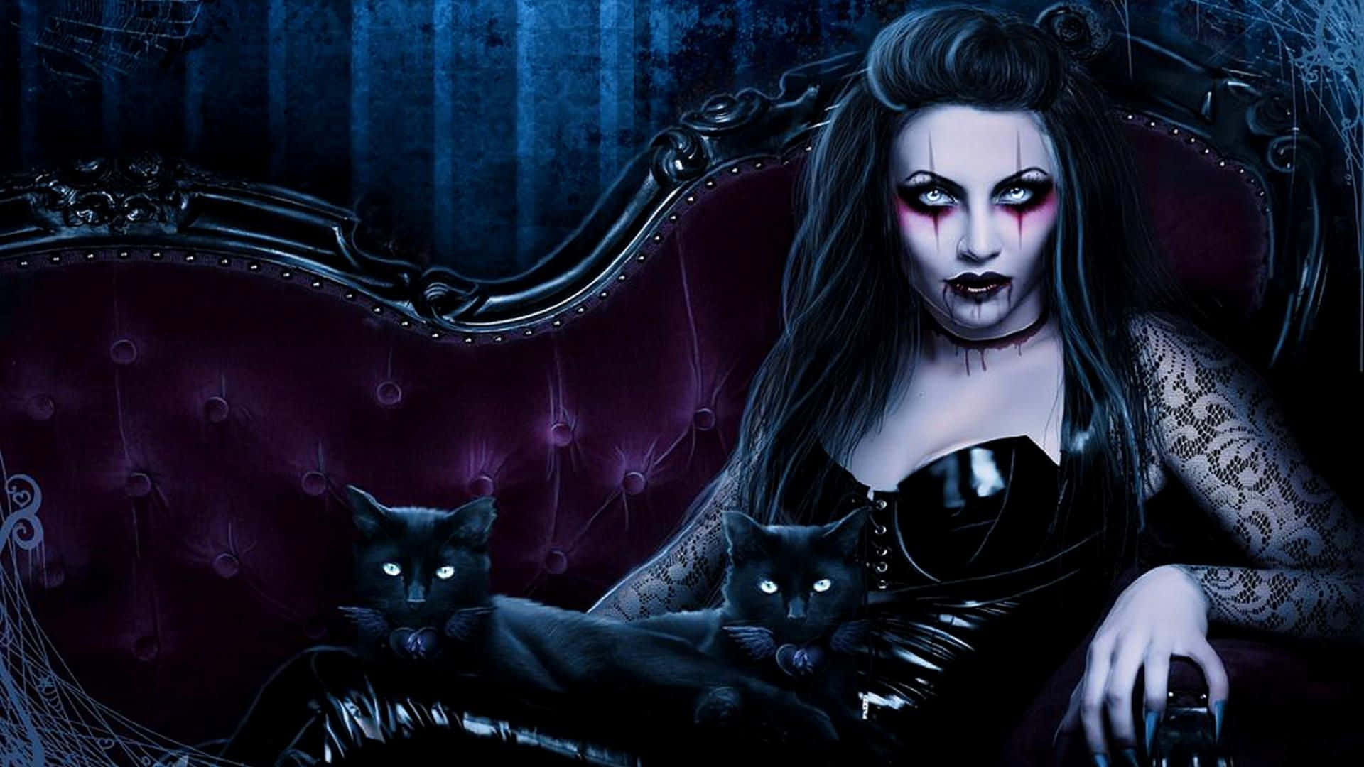 Dark Vampire, velvet chaise lounge, black cats, Full HD Desktop Wallpaper