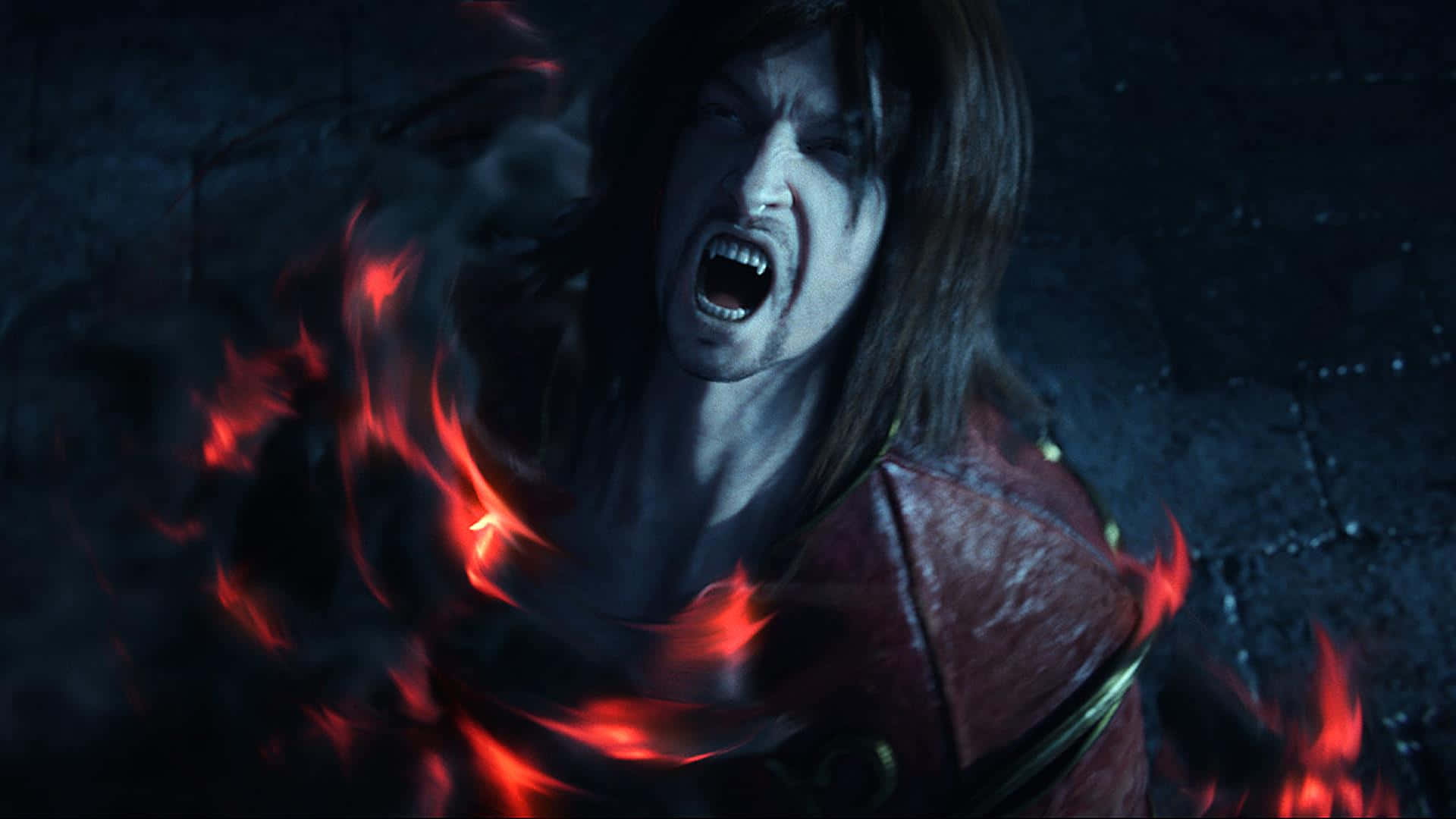 Dark Vampire, dark-haired warrior, glowing red flames, Full HD Desktop Wallpaper