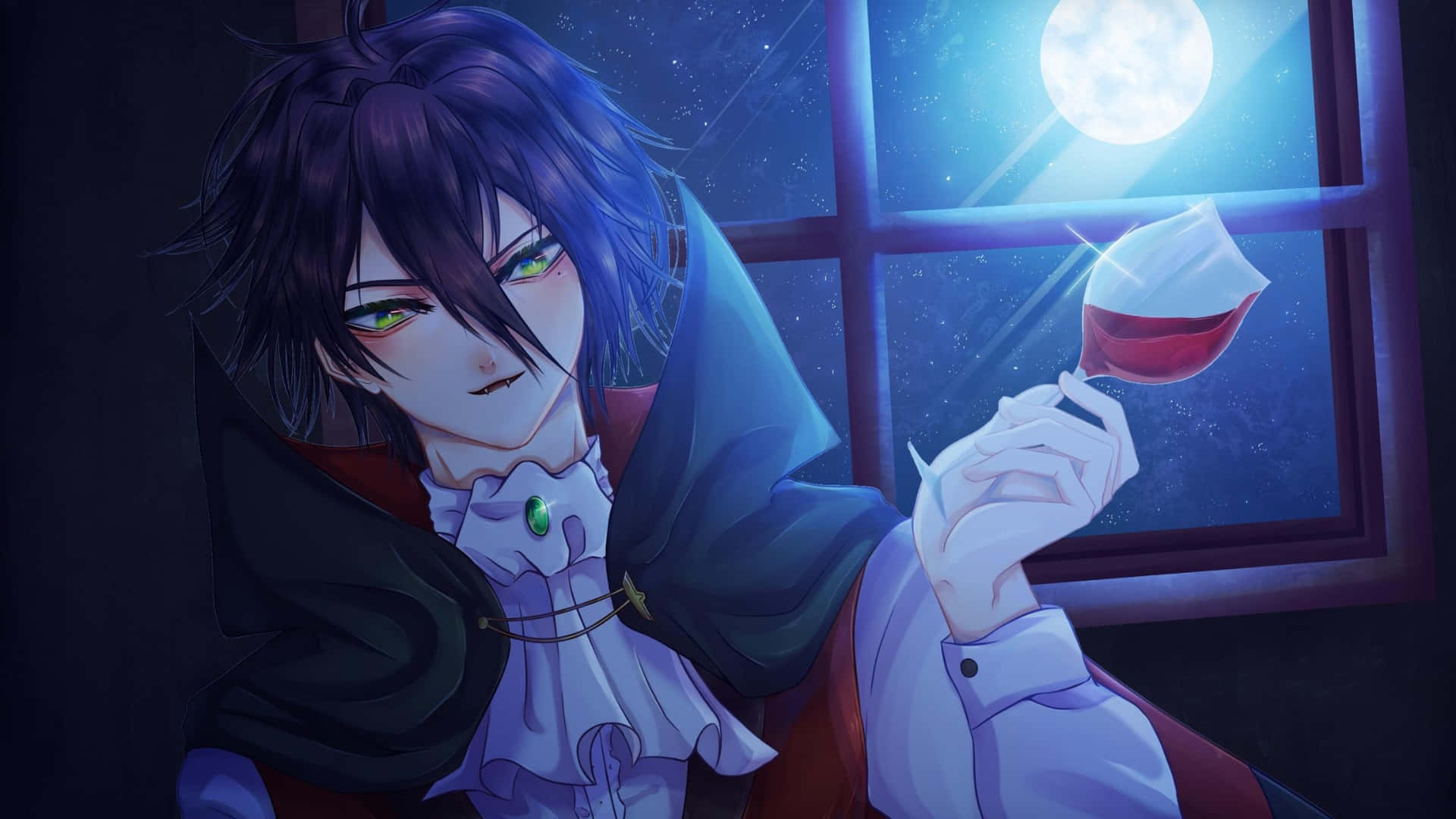 anime vampire, green eyes, moonlit window, Full HD Desktop Wallpaper