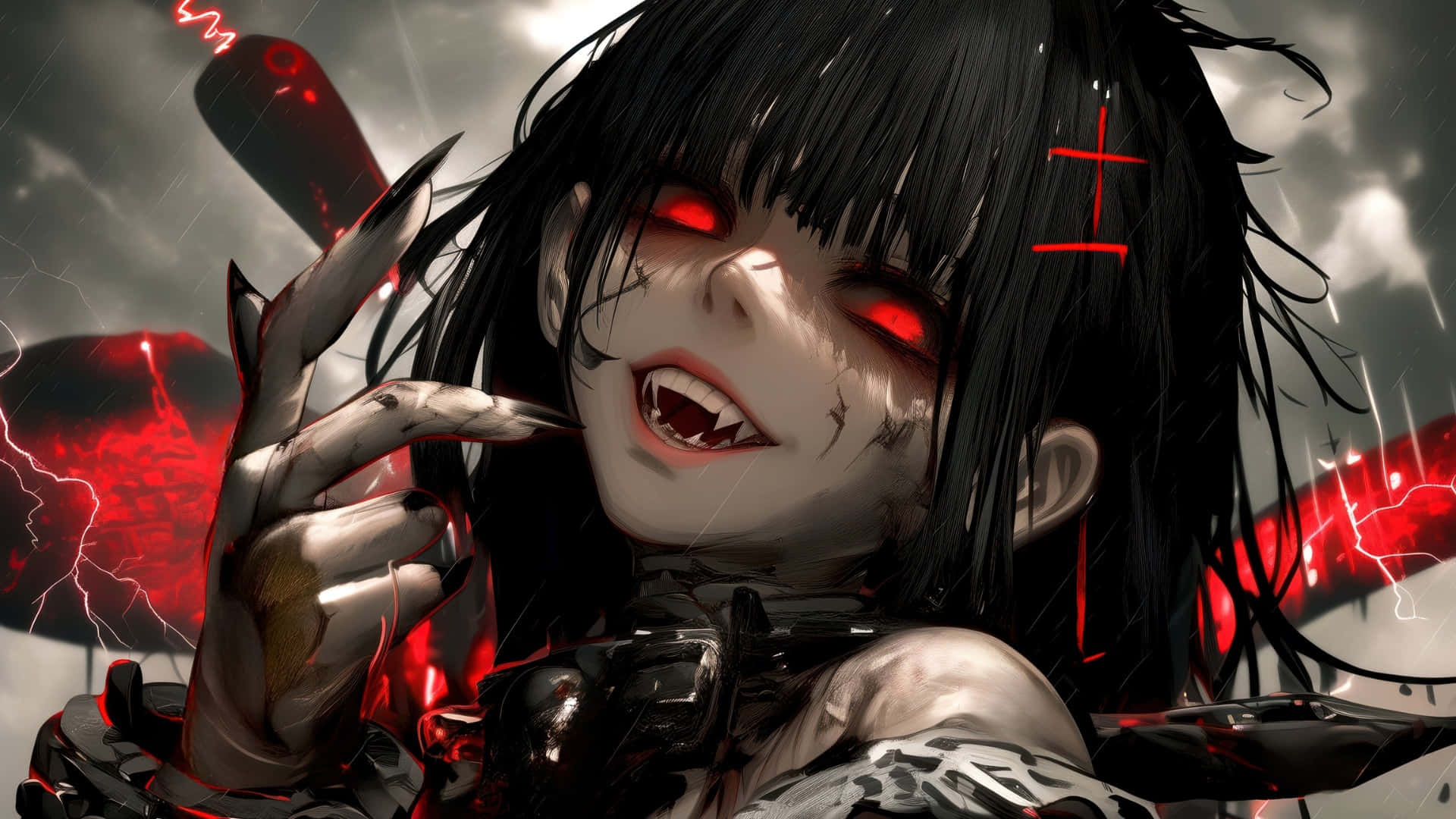 dark anime vampire girl, glowing red eyes, black hair, Full HD Desktop Wallpaper