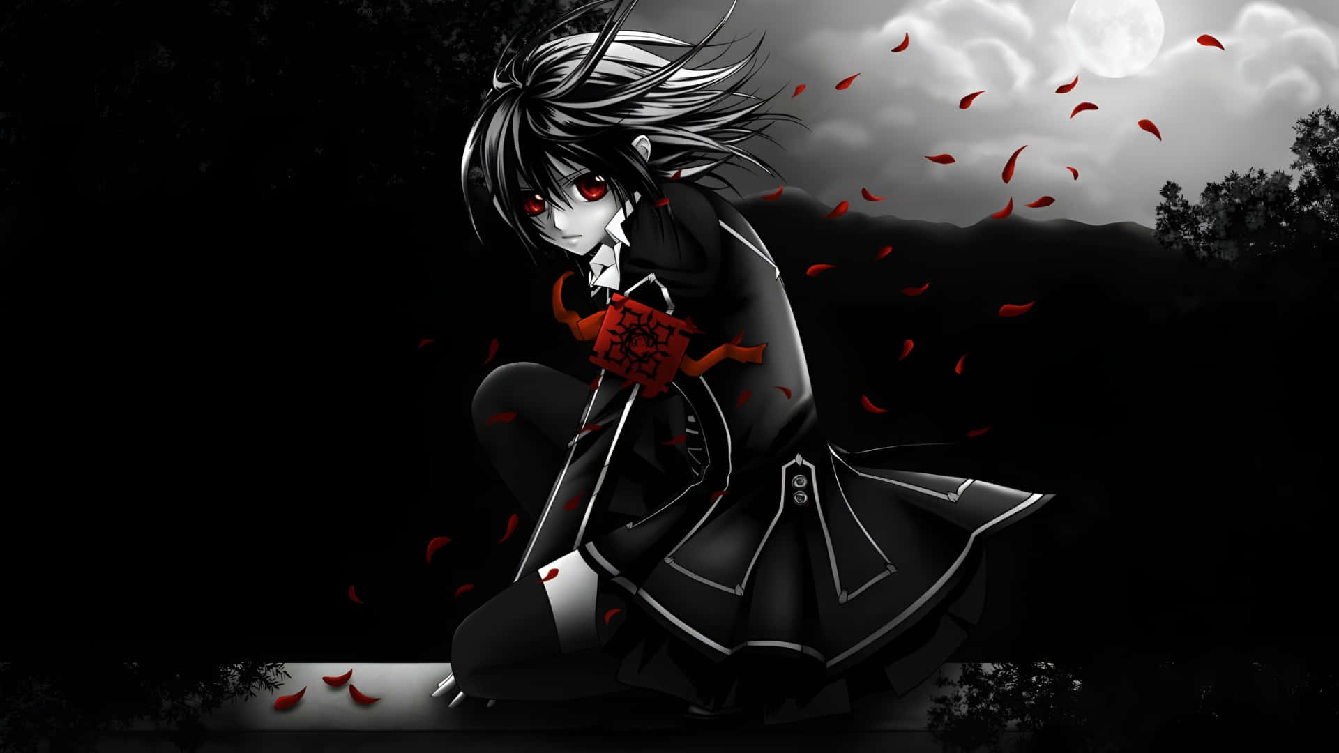 dark anime vampire girl, black and white anime girl, red eyes, Full HD Desktop Wallpaper