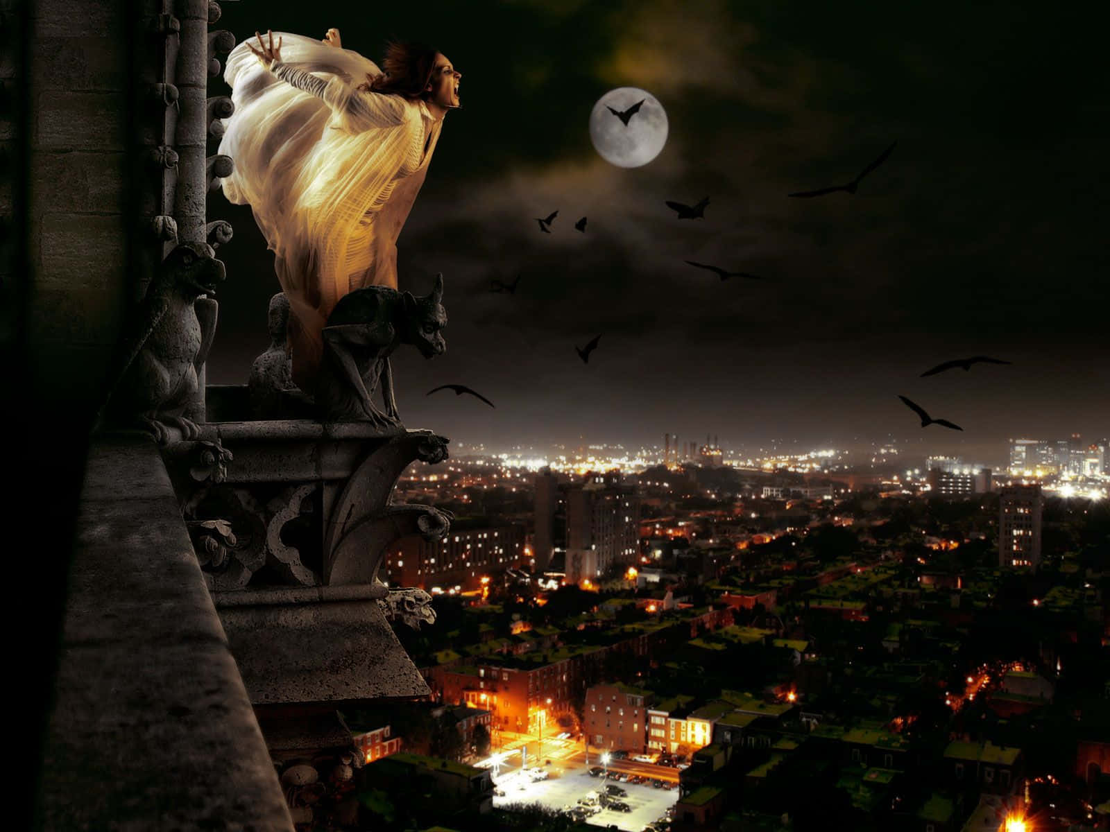 Dark Vampire, gothic cathedral spire, moonlit cityscape, HD Desktop Wallpaper