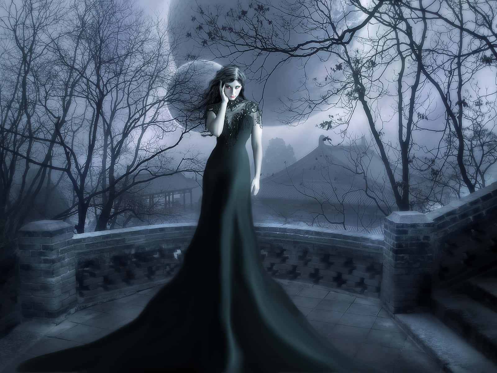 Dark Vampire, full moon, misty stone terrace, HD Desktop Wallpaper