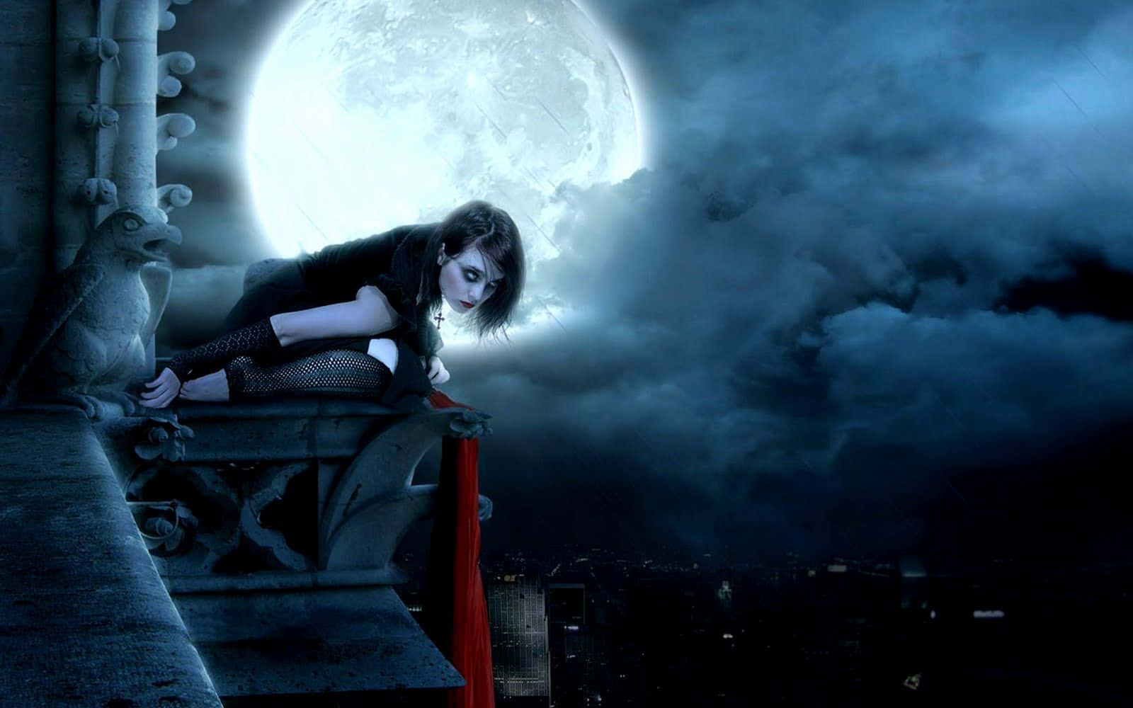 Dark Vampire, stone parapet, glowing moon, HD Desktop Wallpaper