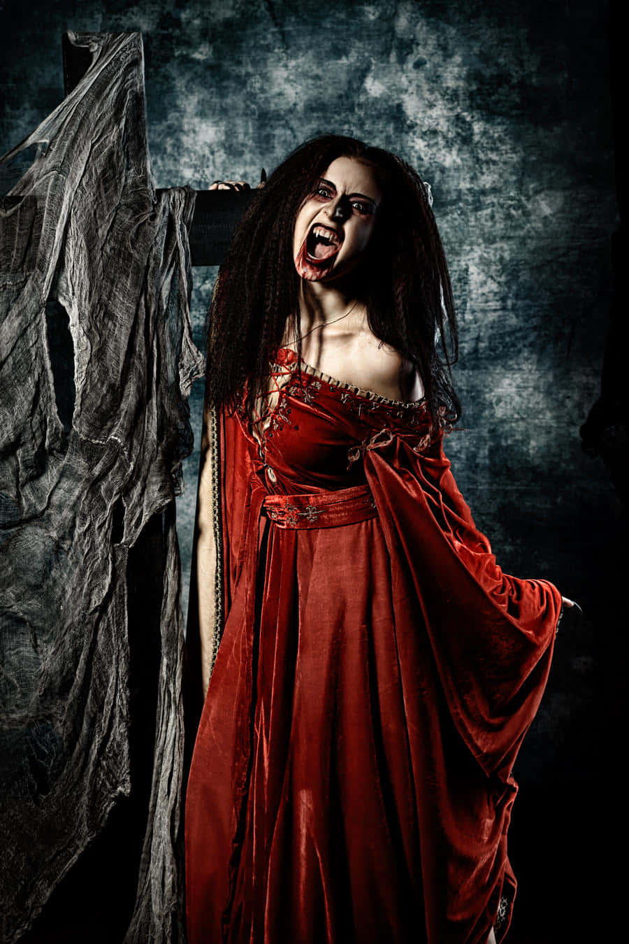 Dark Vampire, Full Moon Night, bloodstained red gown, HD Phone Wallpaper