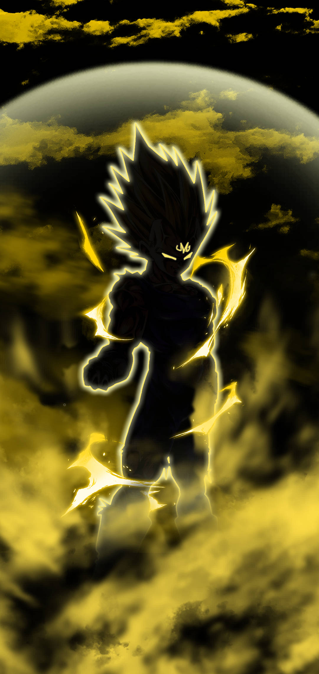 Dark Vegeta, glowing yellow energy aura, stormy yellow and black sky, Full HD Phone Wallpaper