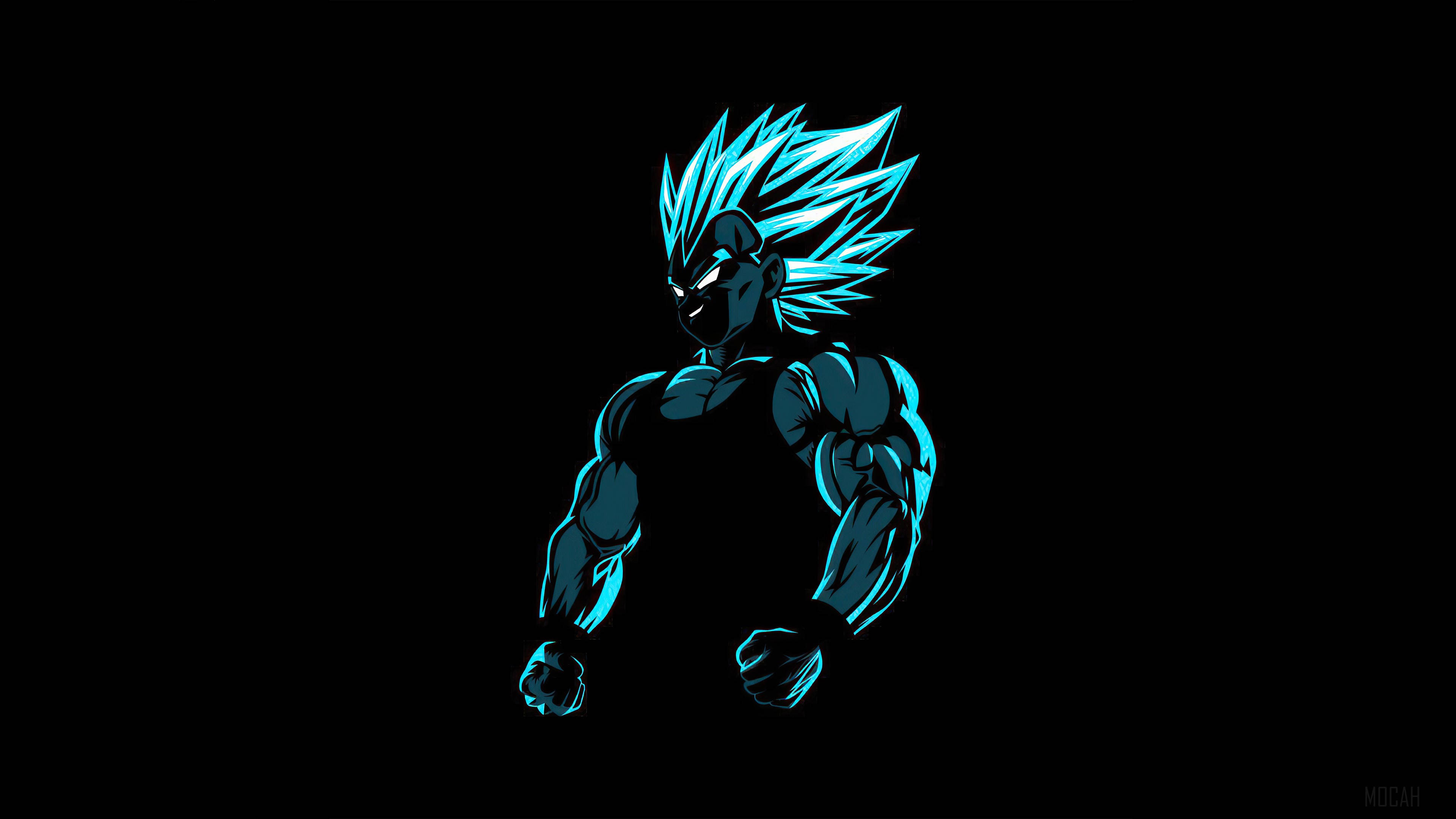 Dark Vegeta, glowing blue-haired, anime warrior, 4K Desktop Wallpaper
