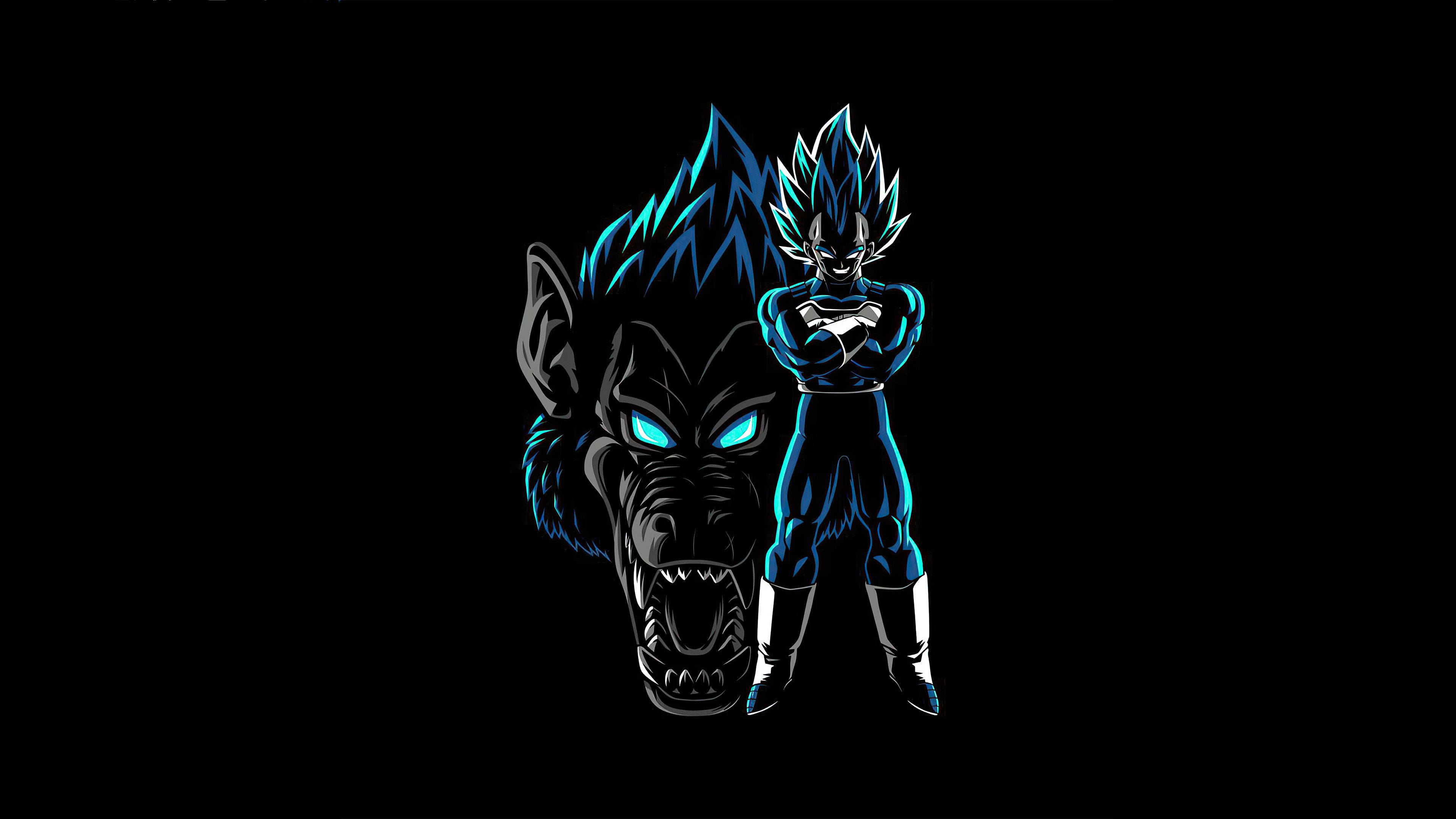 Dark Vegeta, blue-haired anime warrior, glowing blue-eyed wolf head, 4K Desktop Wallpaper