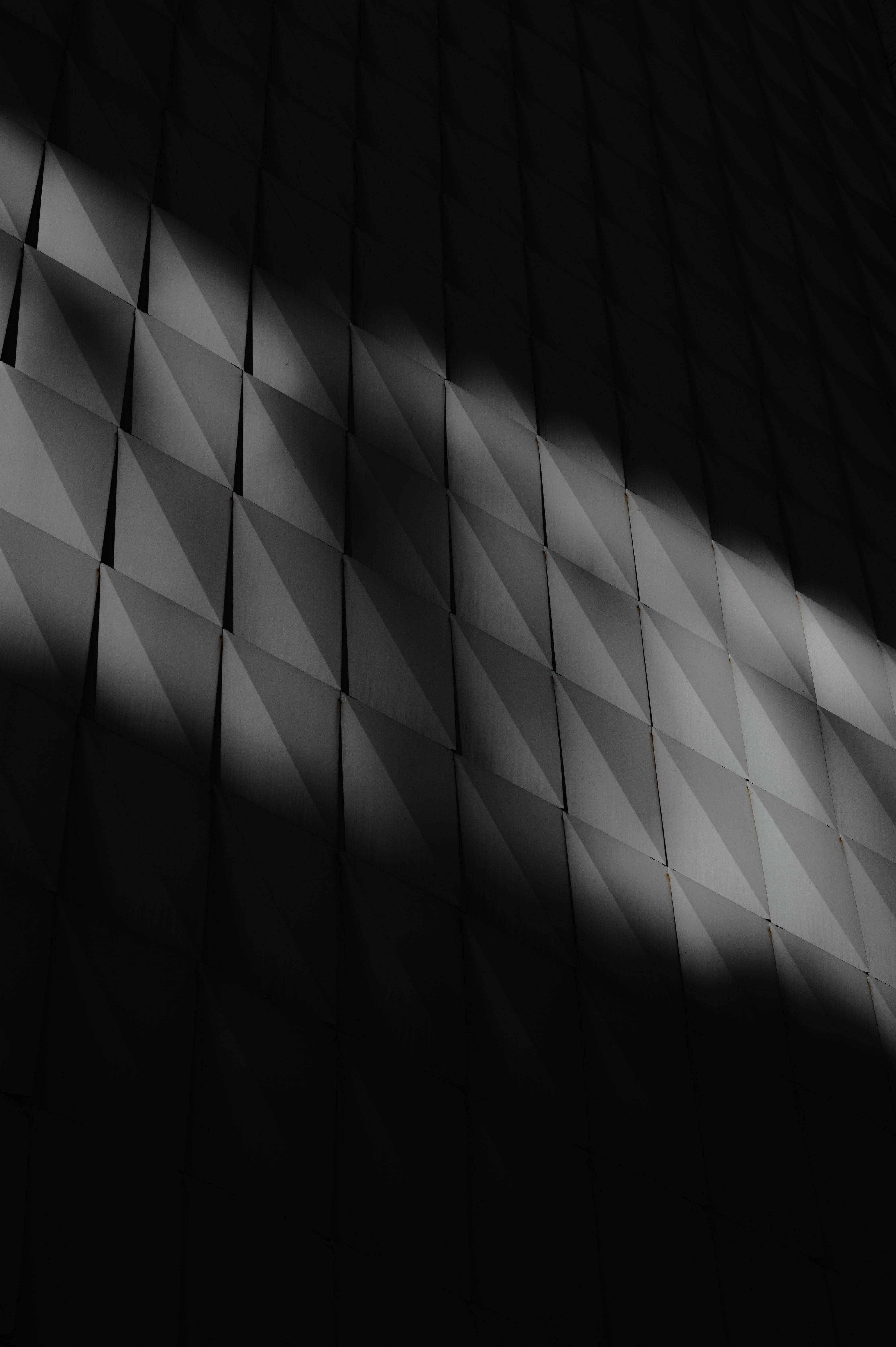 Shadowy Dark Wall Of Squares, diagonal sunlight, monochrome geometric wall, 5K Phone Wallpaper