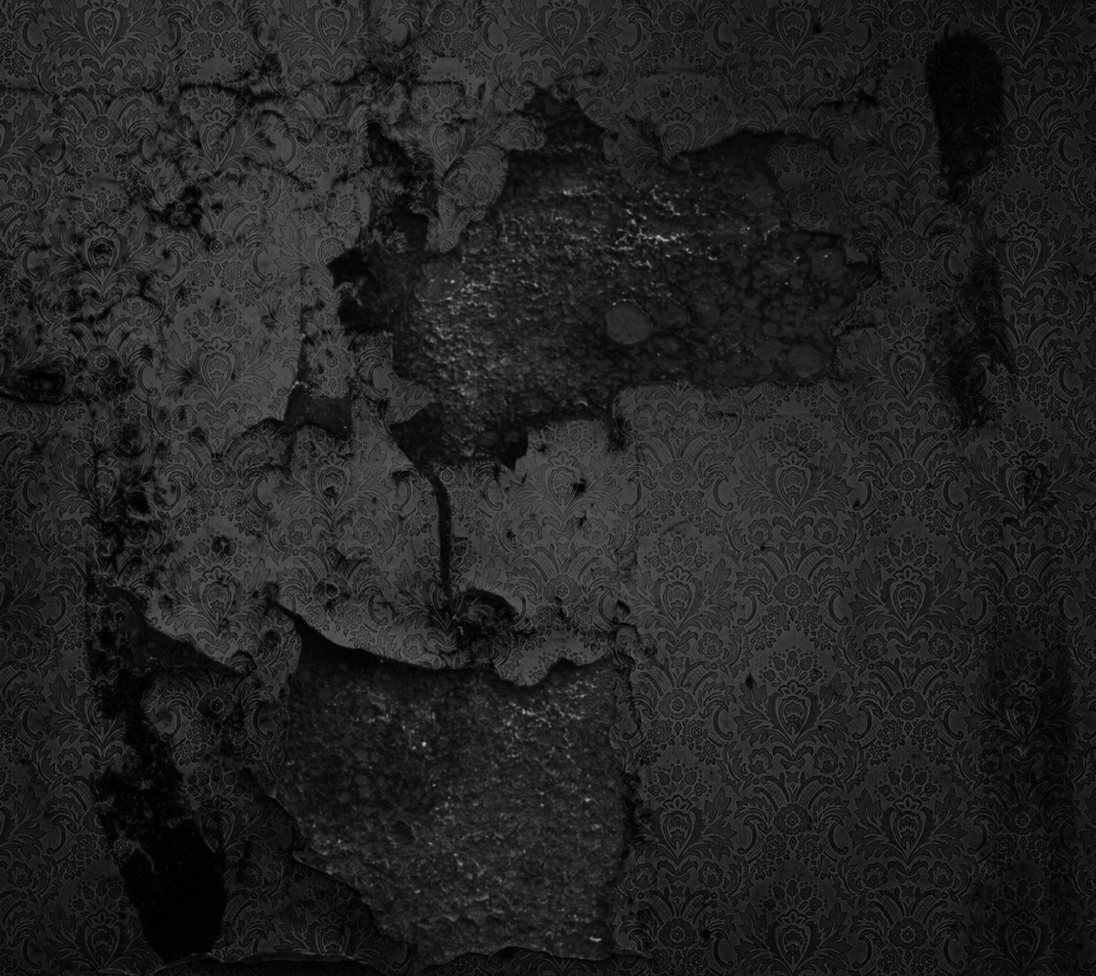 dilapidated dark wall, monochrome, damask patterns, Full HD Desktop Wallpaper